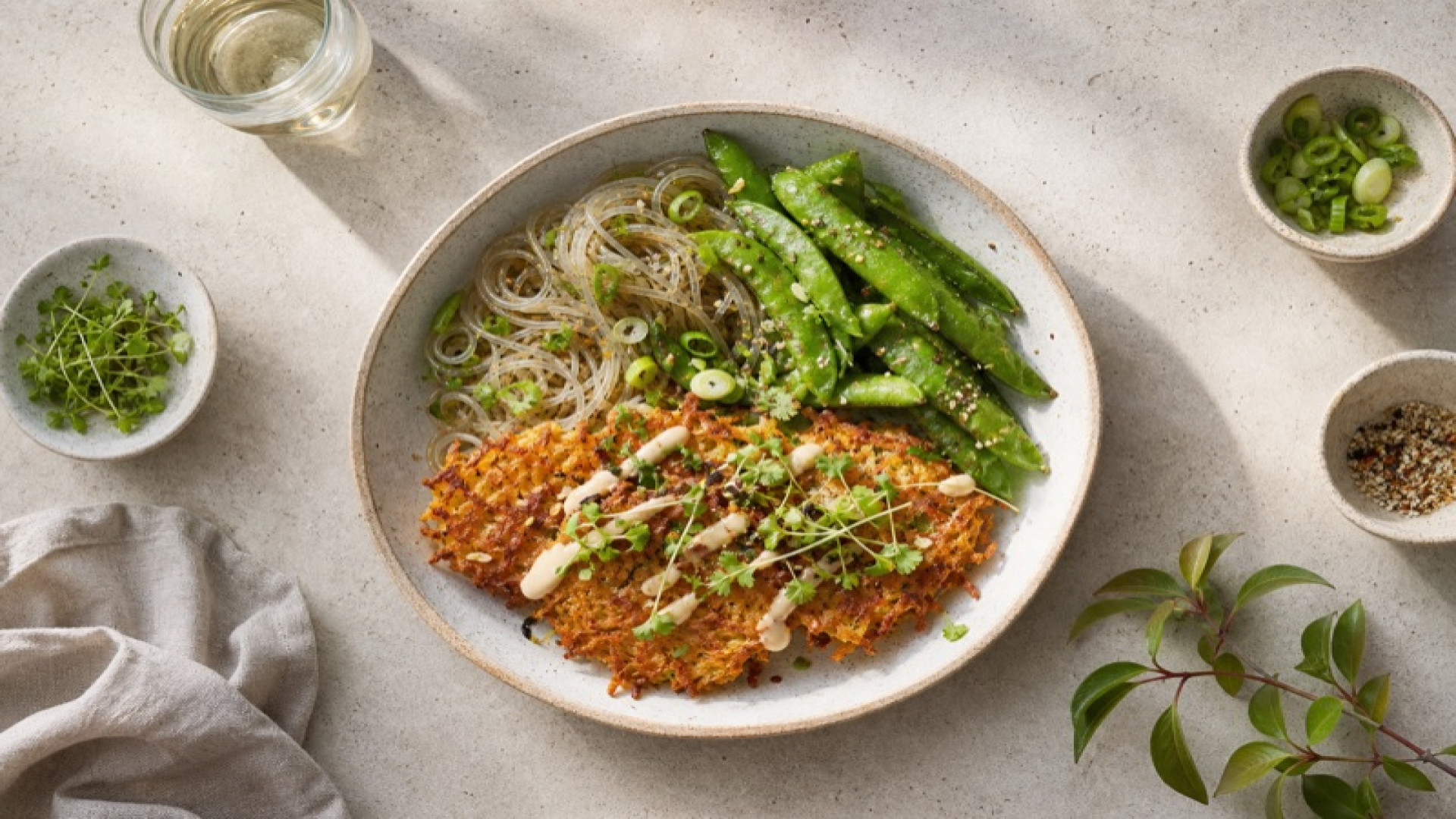 Knusprige Kartoffel-Rösti-Bowl mit Zuckerschoten und Glasnudeln