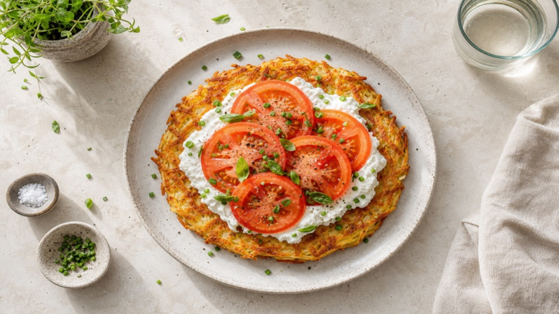Knusprige Kartoffelrösti mit Frischkäse und Tomate