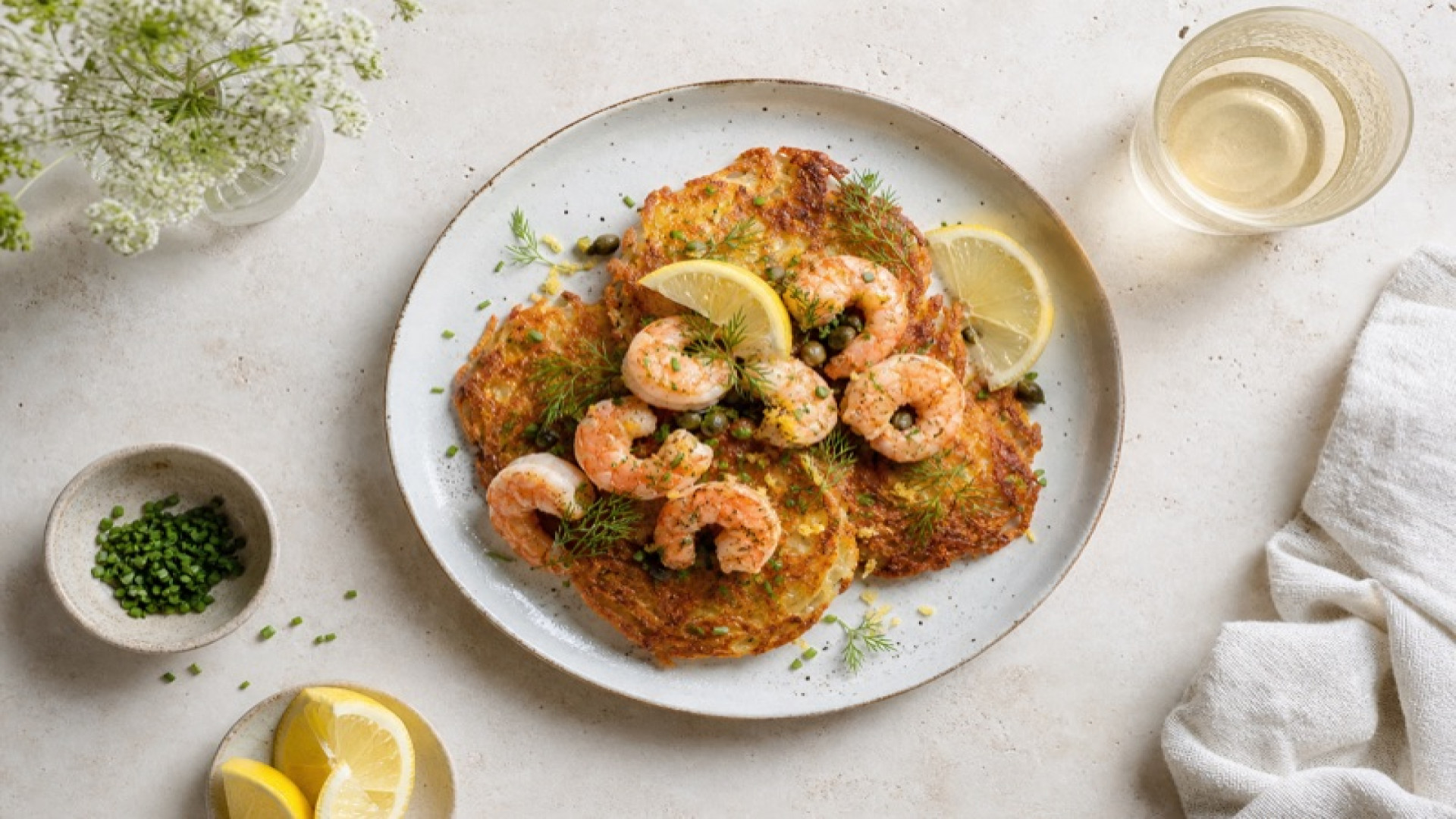 Knusprige Kartoffelrösti mit Garnelen und Zitrone