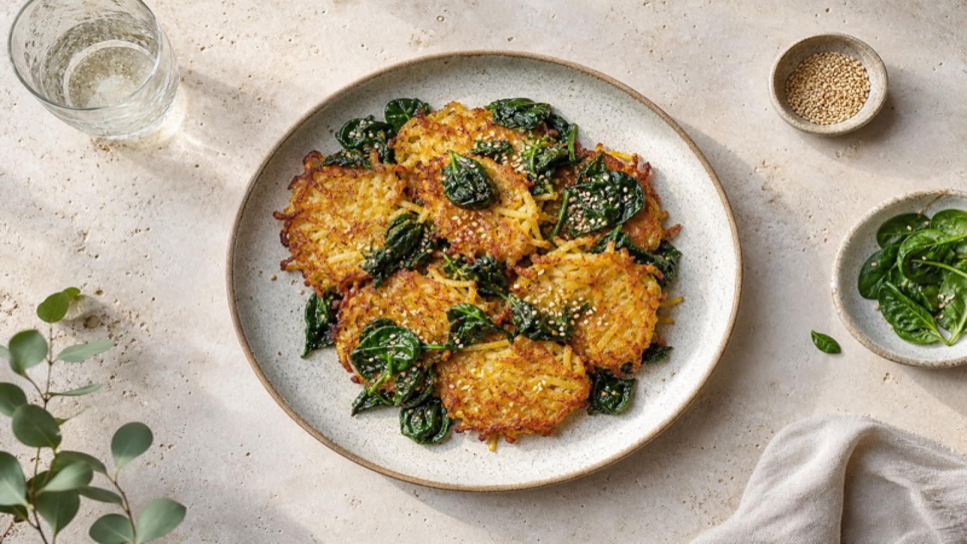 Knusprige Kartoffel-Rösti mit geröstetem Sesam und Spinat