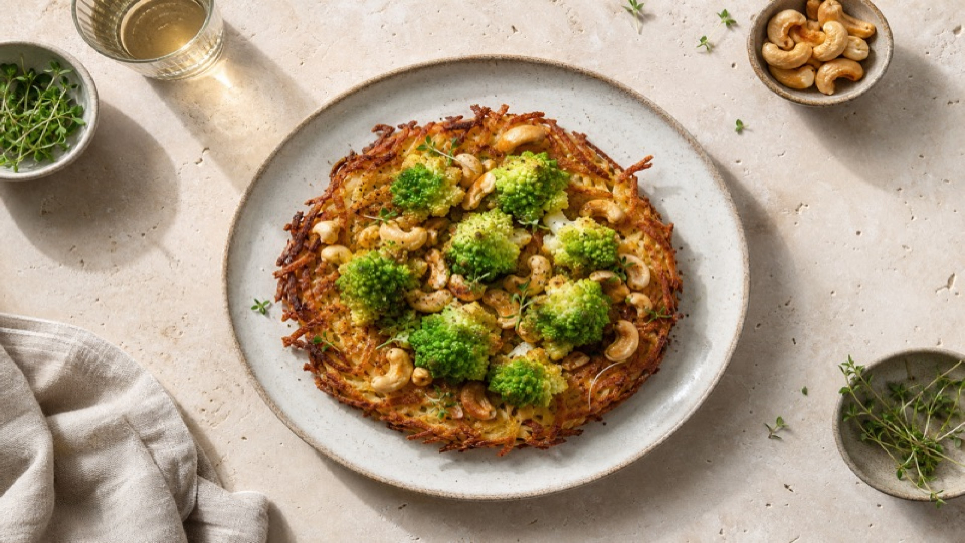 Knusprige Kartoffel-Rösti mit Romanesco und Cashews