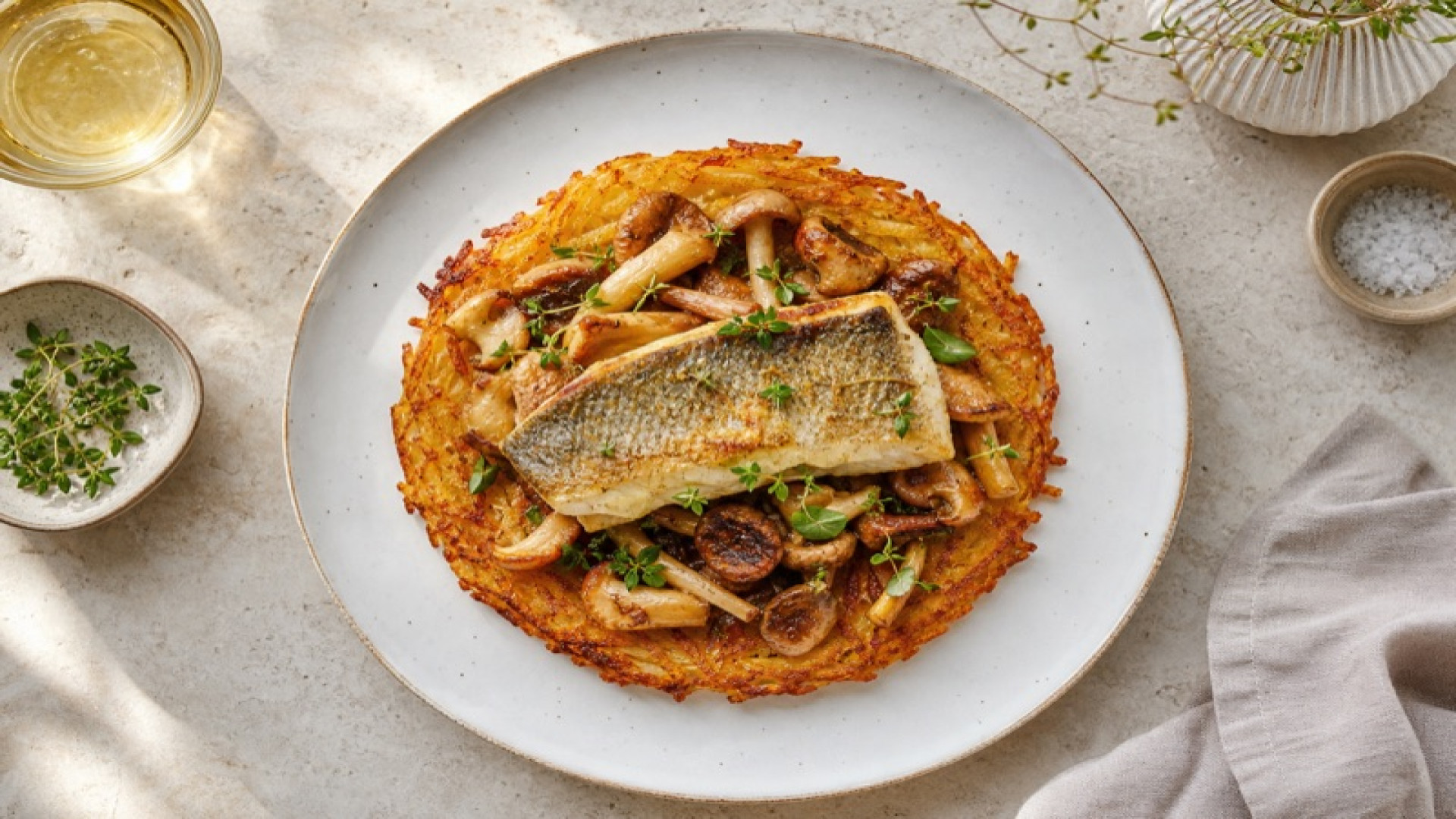 Knusprige Kartoffel-Rösti mit Zander und Mischpilzen