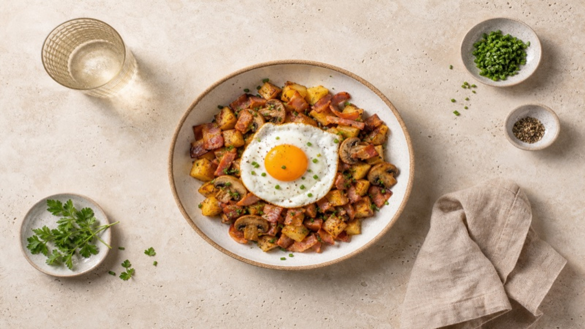 Knusprige Kartoffel-Schinkenspeck-Bowl mit Champignons und Ei