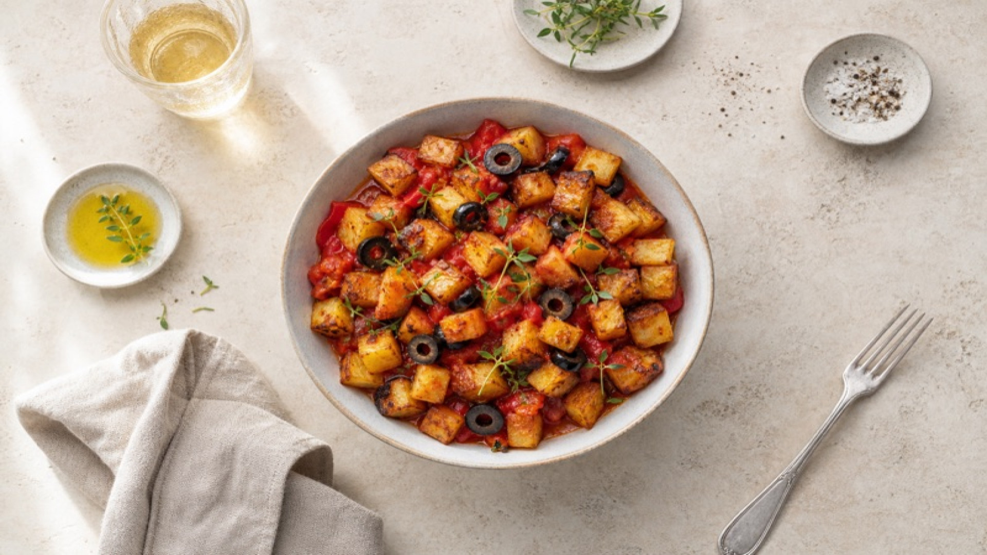 Knusprige Kartoffelwürfel mit schwarzen Oliven und Tomatensauce