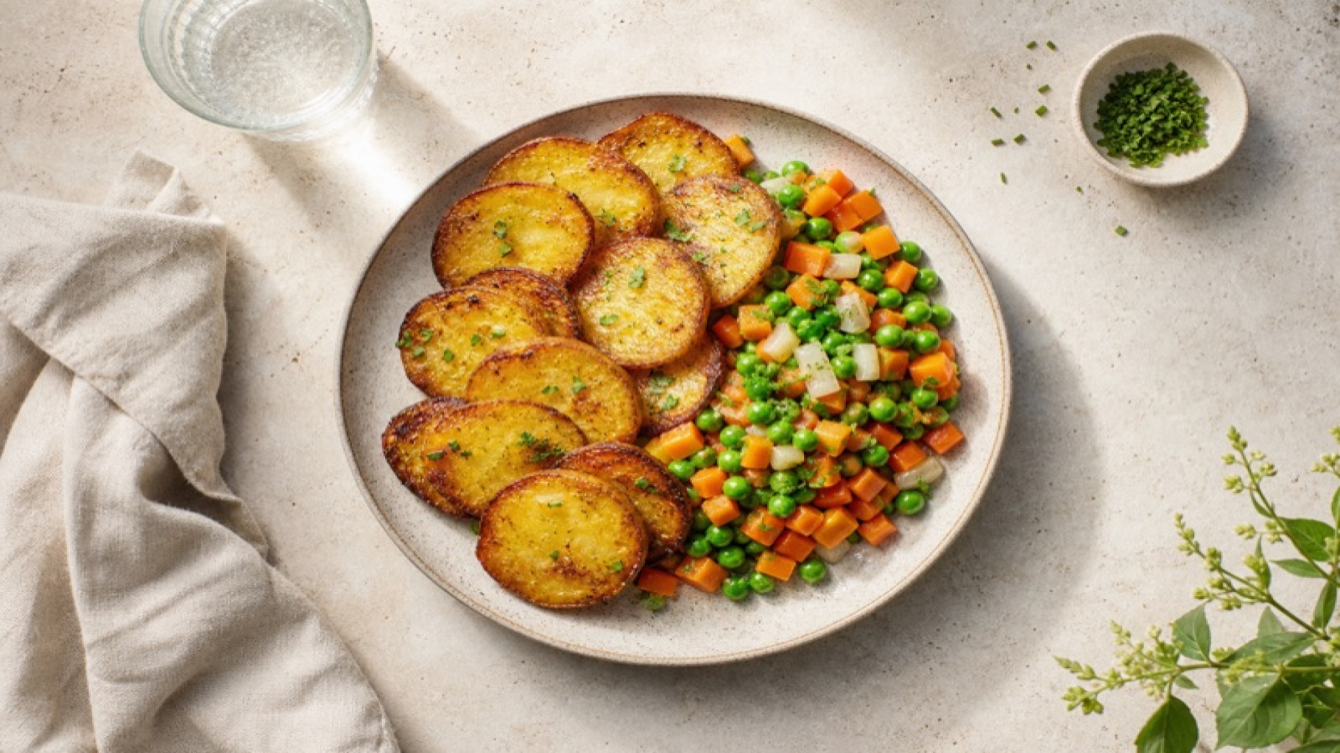 Knusprige Köhler-Kartoffelscheiben mit Erbsen-Karotten-Gemüse