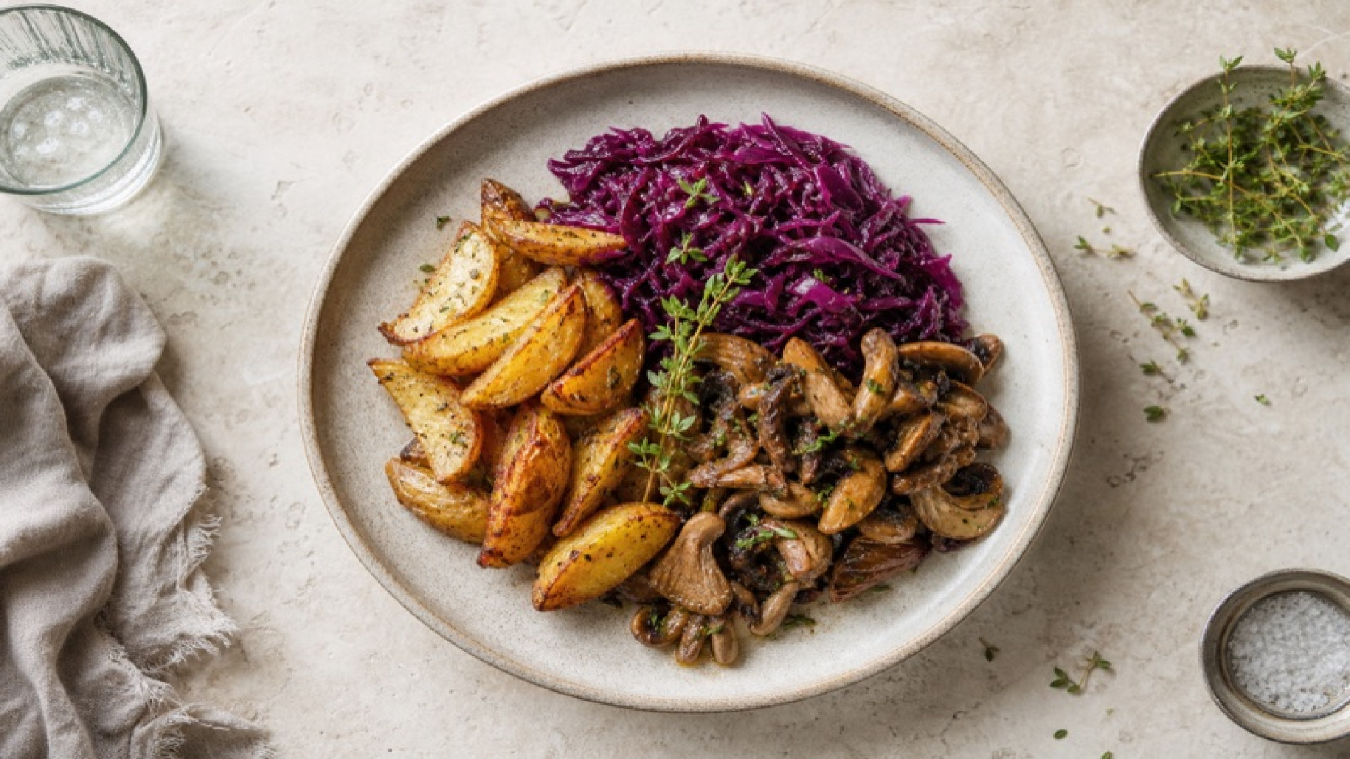 Knusprige Ofenkartoffeln mit geschmortem Rotkohl und Mischpilzen