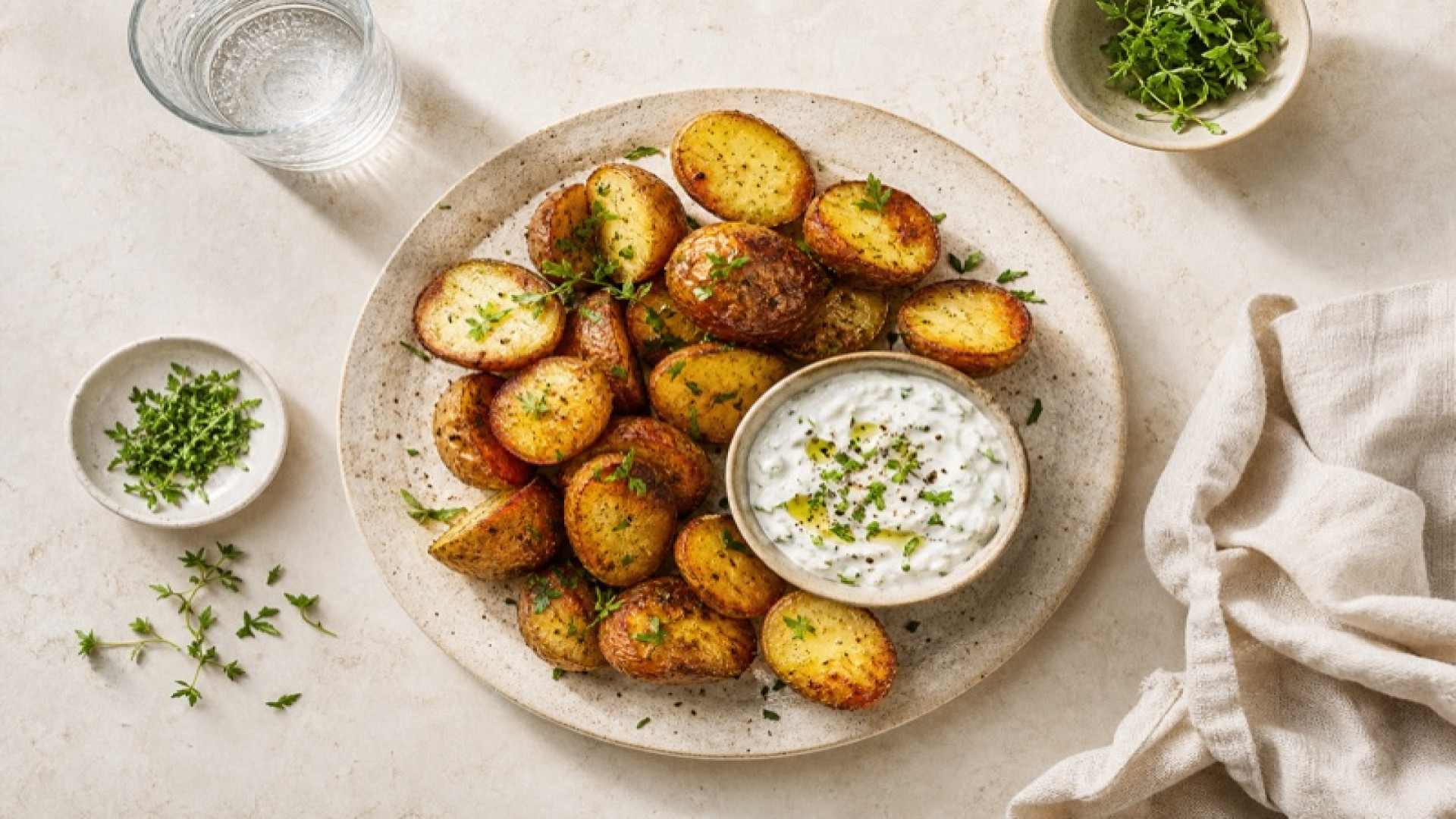 Knusprige Ofenkartoffeln mit Joghurt-Kräuter-Quark