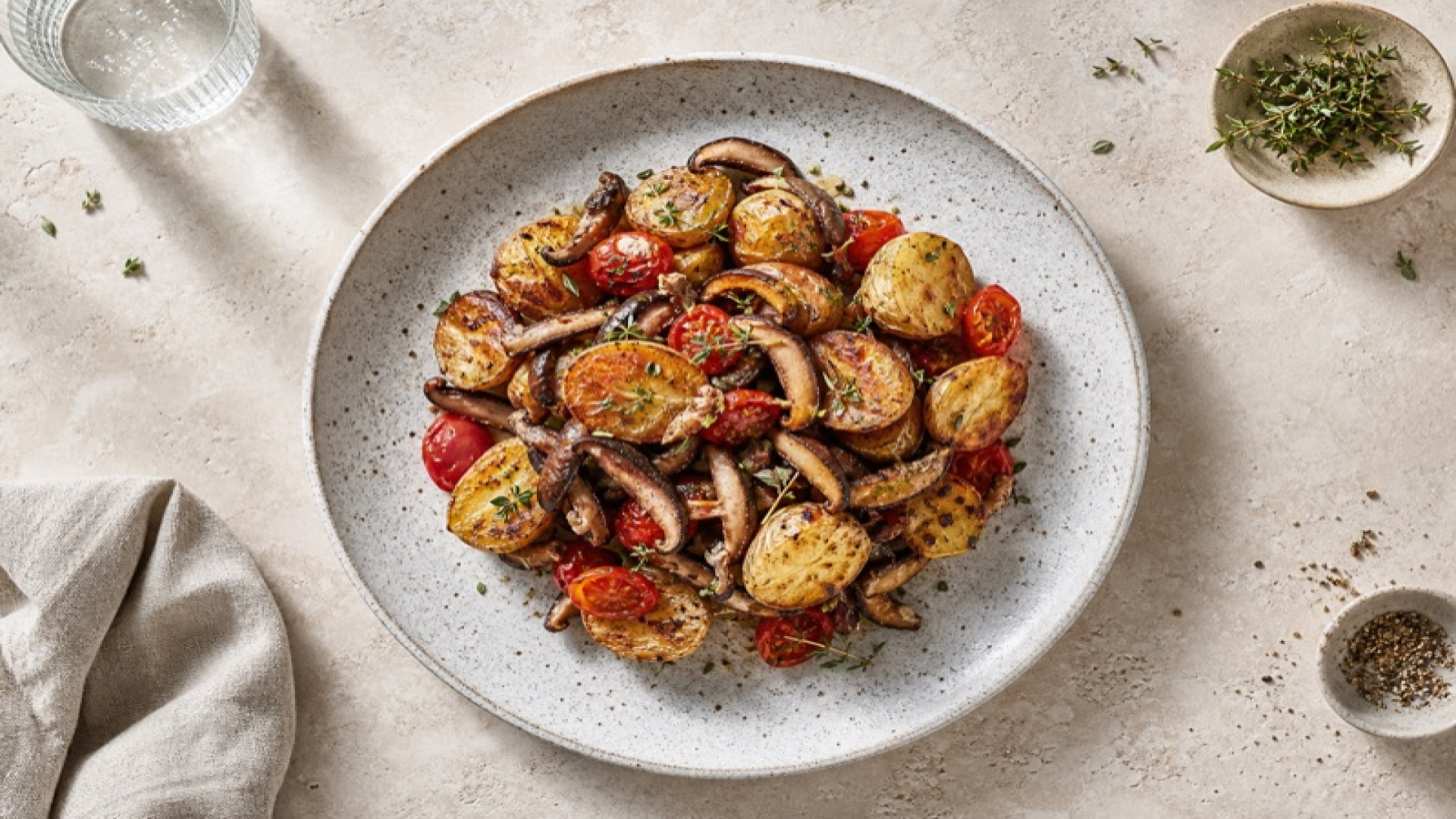 Knusprige Ofenkartoffeln mit Shiitake-Tomaten-Schwenk