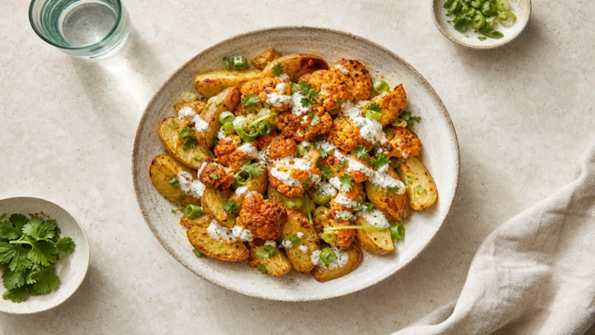 Knusprige Ofenkartoffeln mit Tikka-Blumenkohl und Joghurt