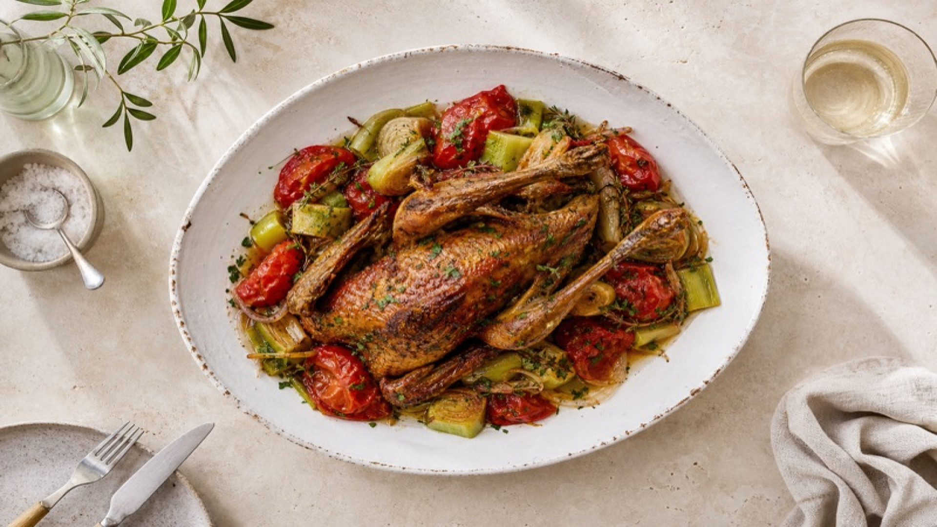 Knuspriger Fasan mit geschmorten Tomaten und Lauch