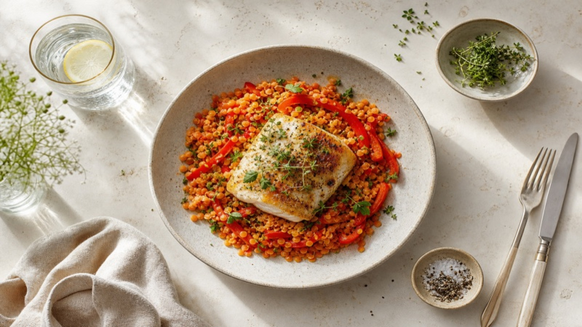 Knuspriger Heilbutt mit roten Linsen und Spitzpaprika