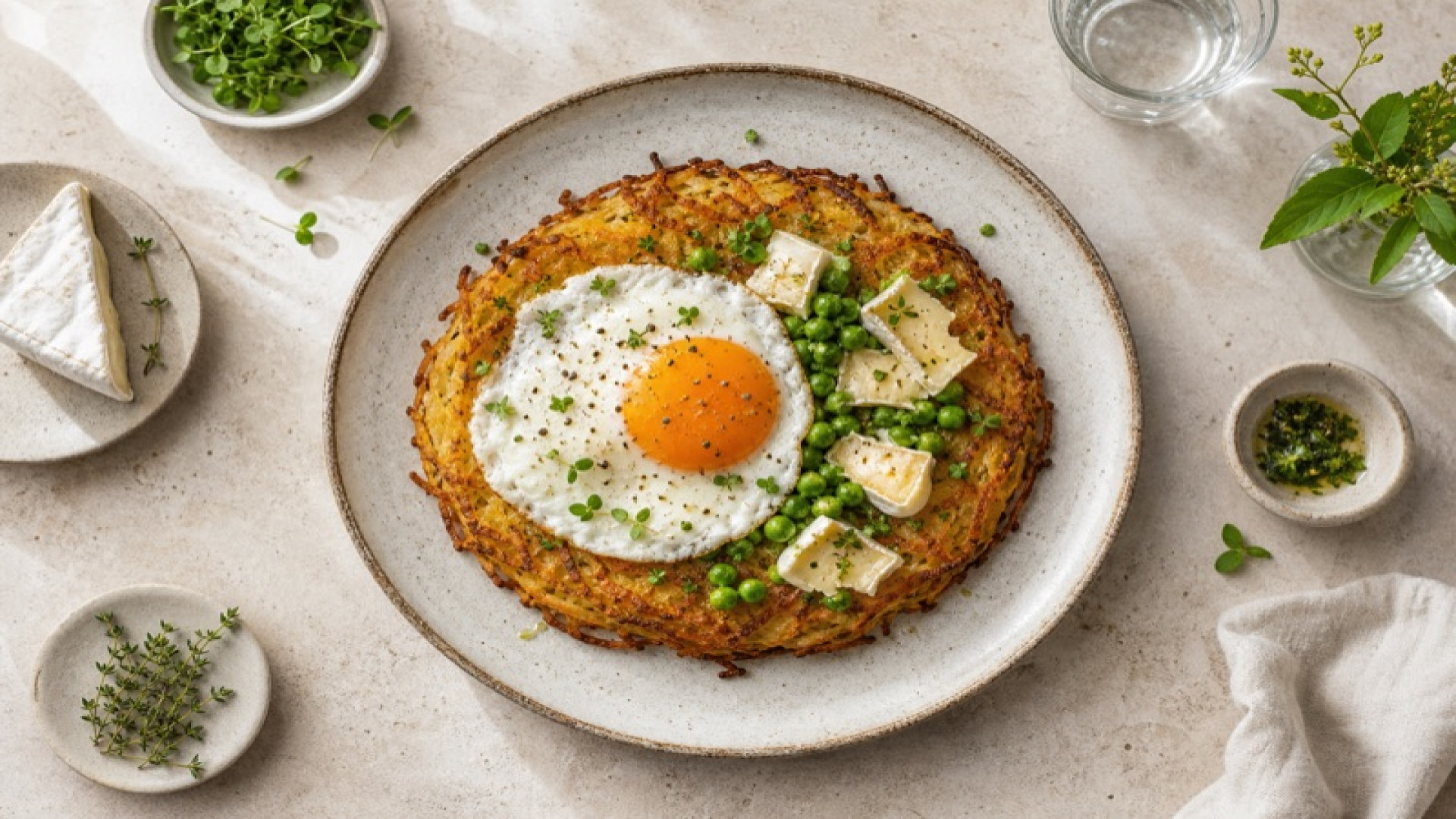 Knuspriger Kartoffel-Camembert-Rösti mit Ei und Erbsen