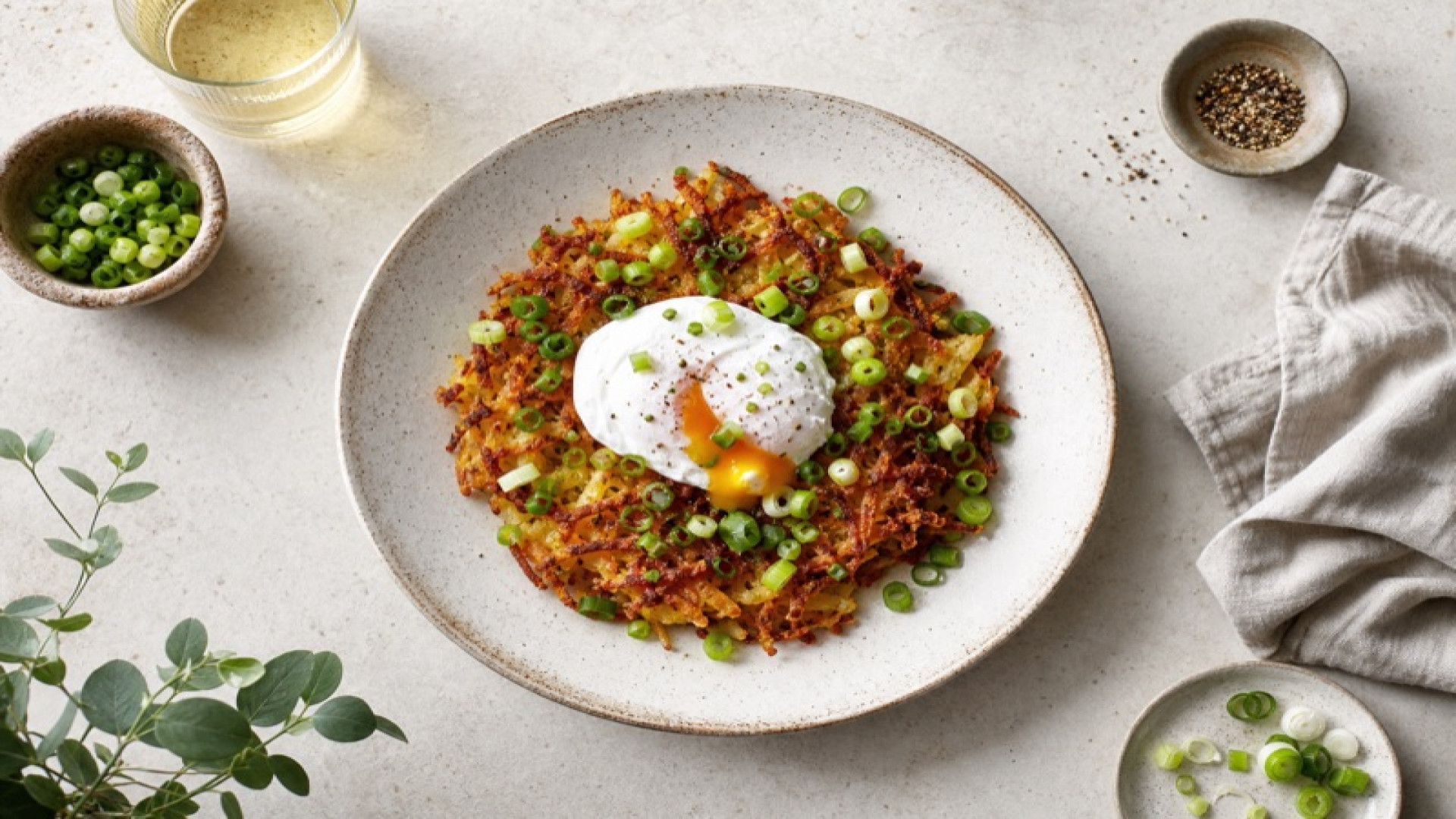 Knuspriger Kartoffel-Hash mit pochiertem Ei und Frühlingszwiebeln