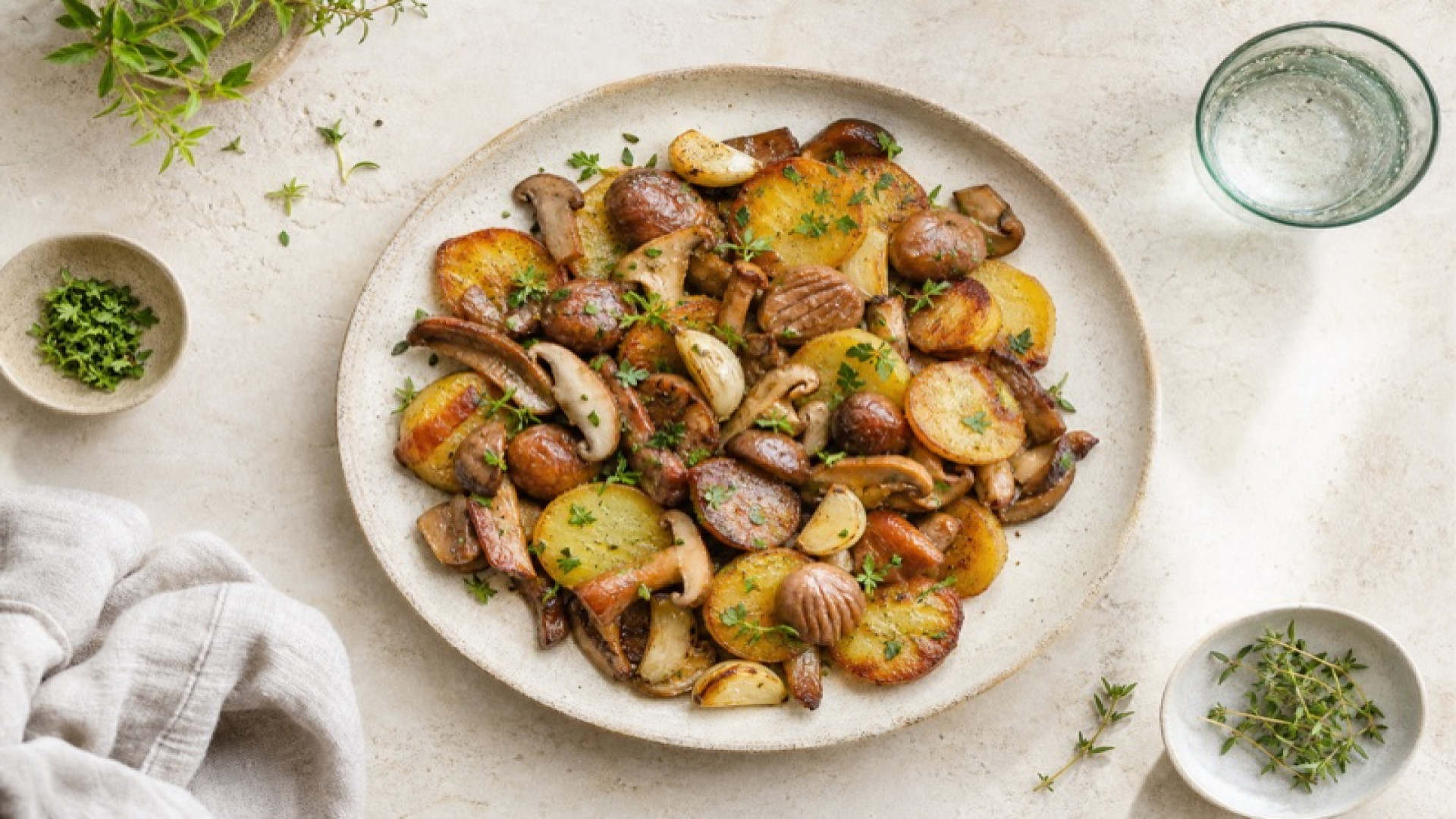 Knuspriger Kartoffel-Maronenteller mit Mischpilzen und Knoblauch
