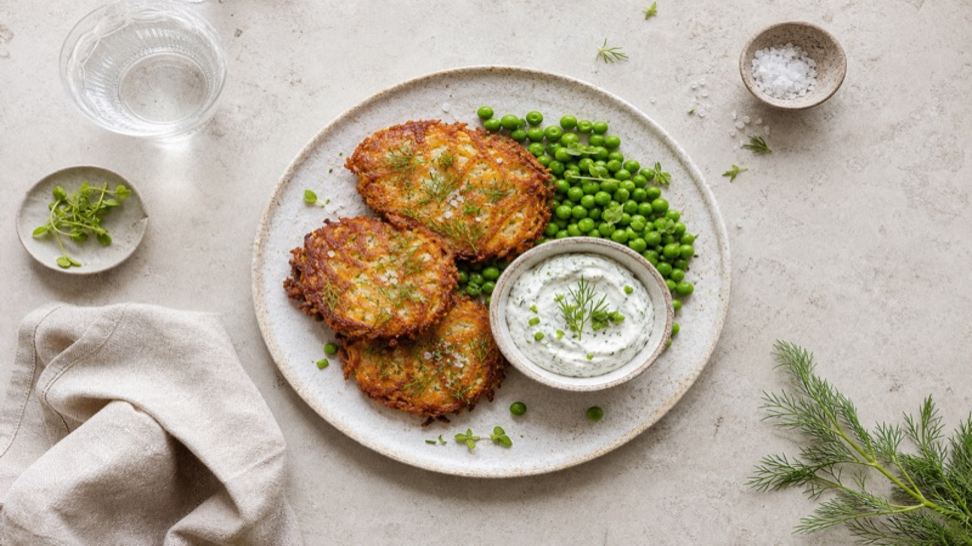 Knuspriger Kartoffelpuffer mit Kräuterquark und Erbsen