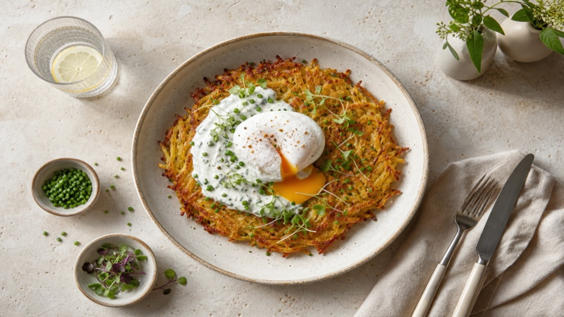 Knuspriger Kartoffel-Rösti mit pochiertem Ei und Joghurt