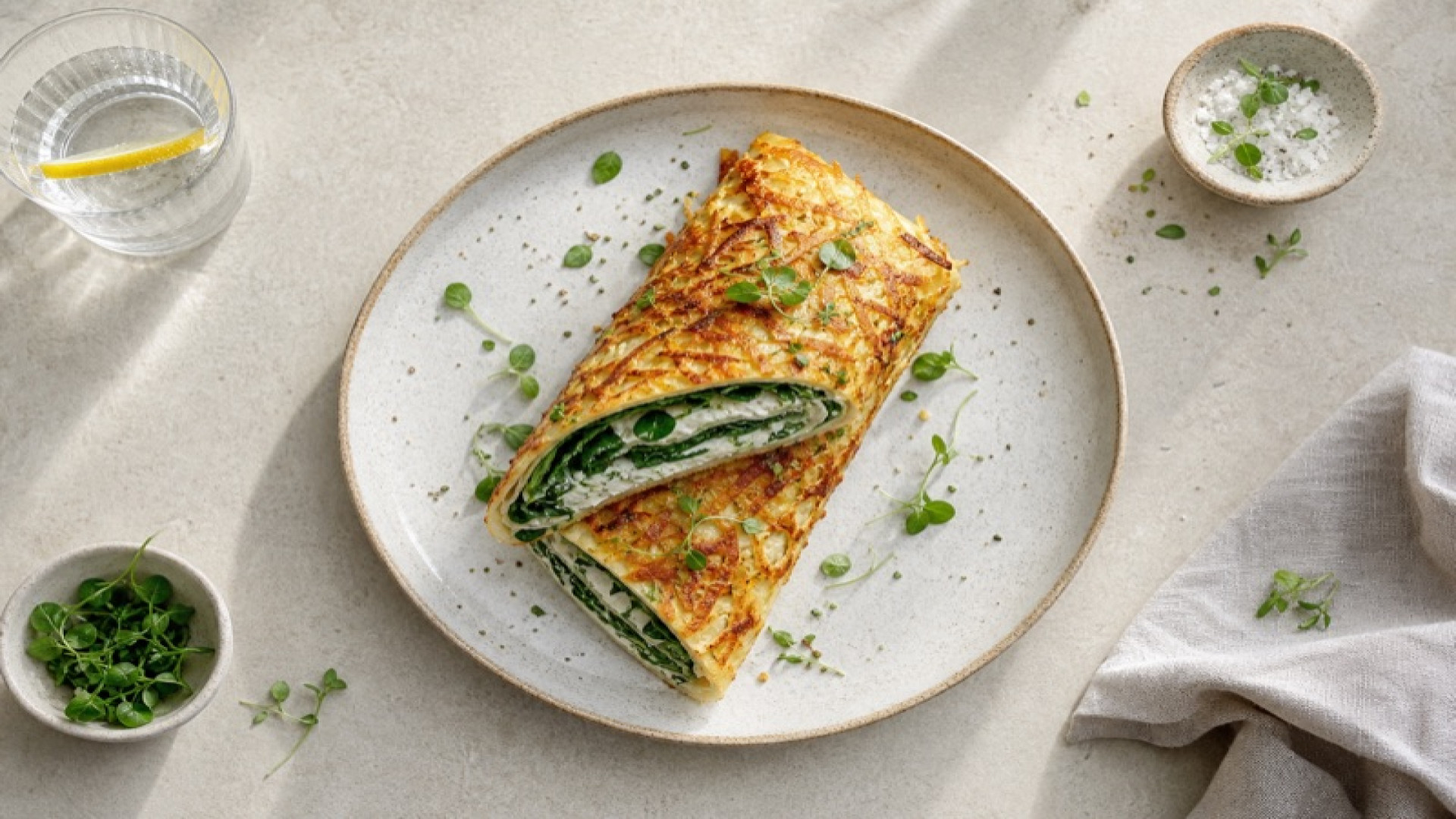 Knuspriger Kartoffel-Rösti-Wrap mit Kräuterfrischkäse und Spinat