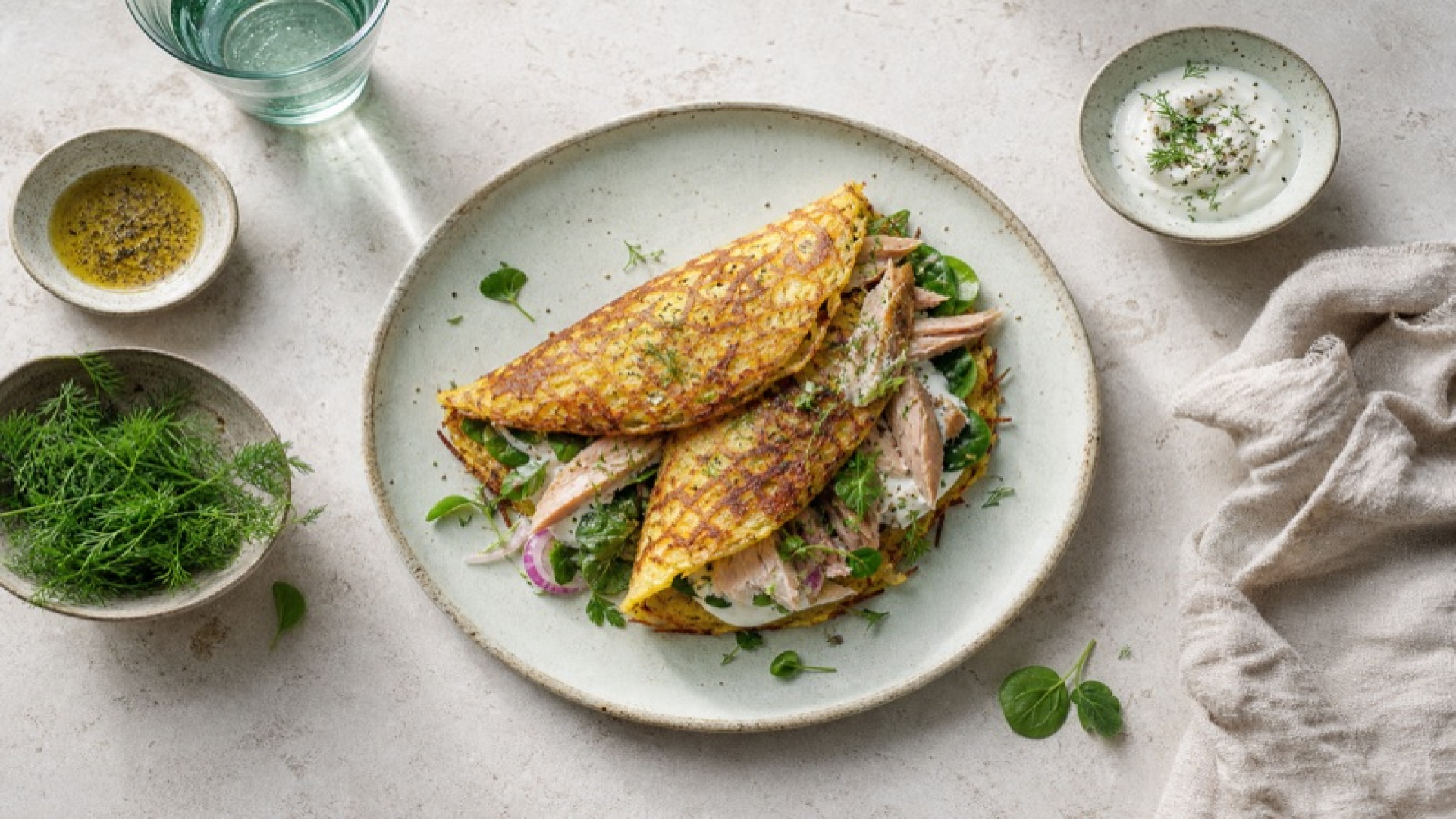 Knuspriger Kartoffel-Rösti-Wrap mit Räuchermakrele und Joghurt