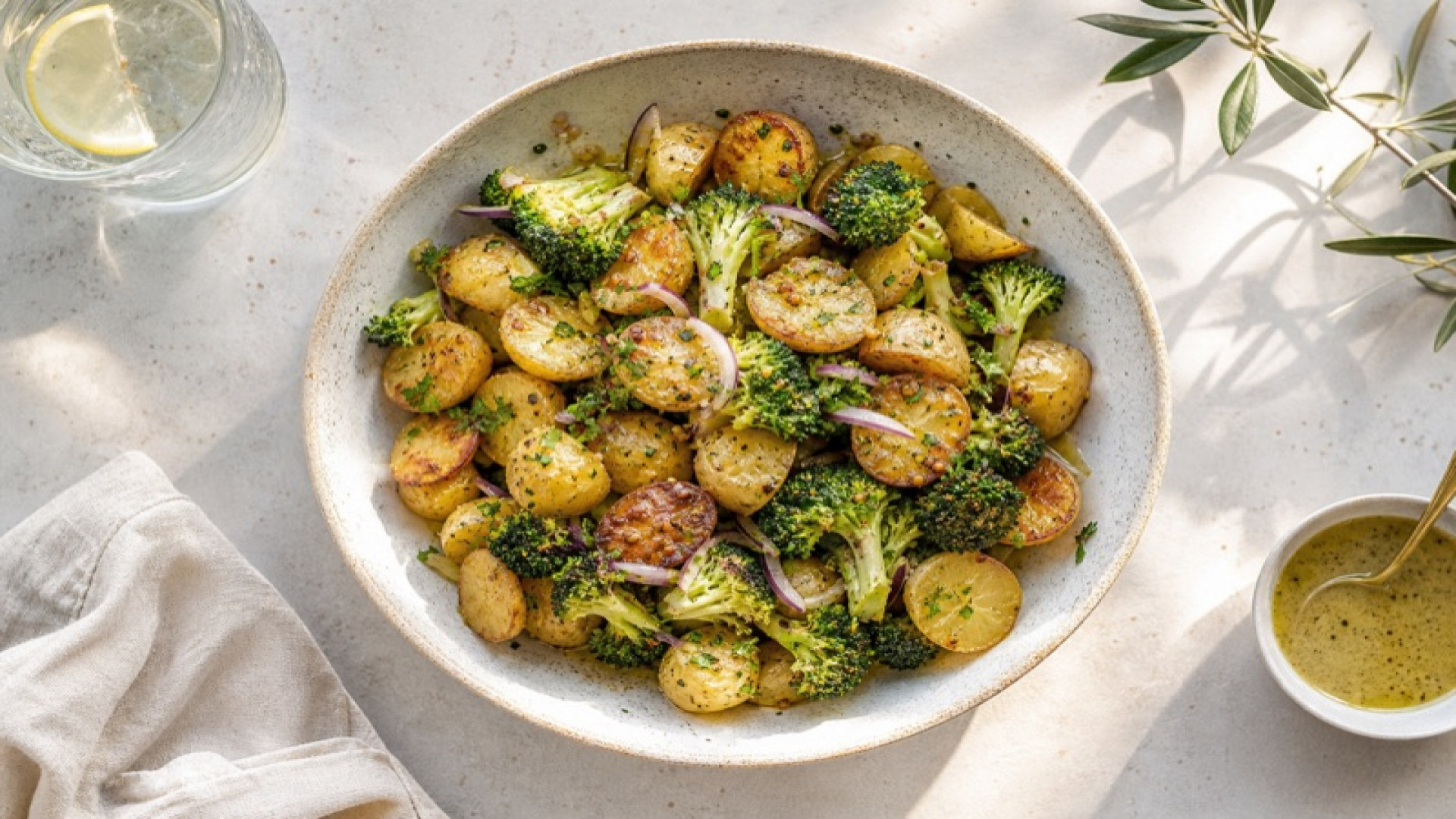Knuspriger Kartoffelsalat mit Broccoli und Senf-Zitronendressing