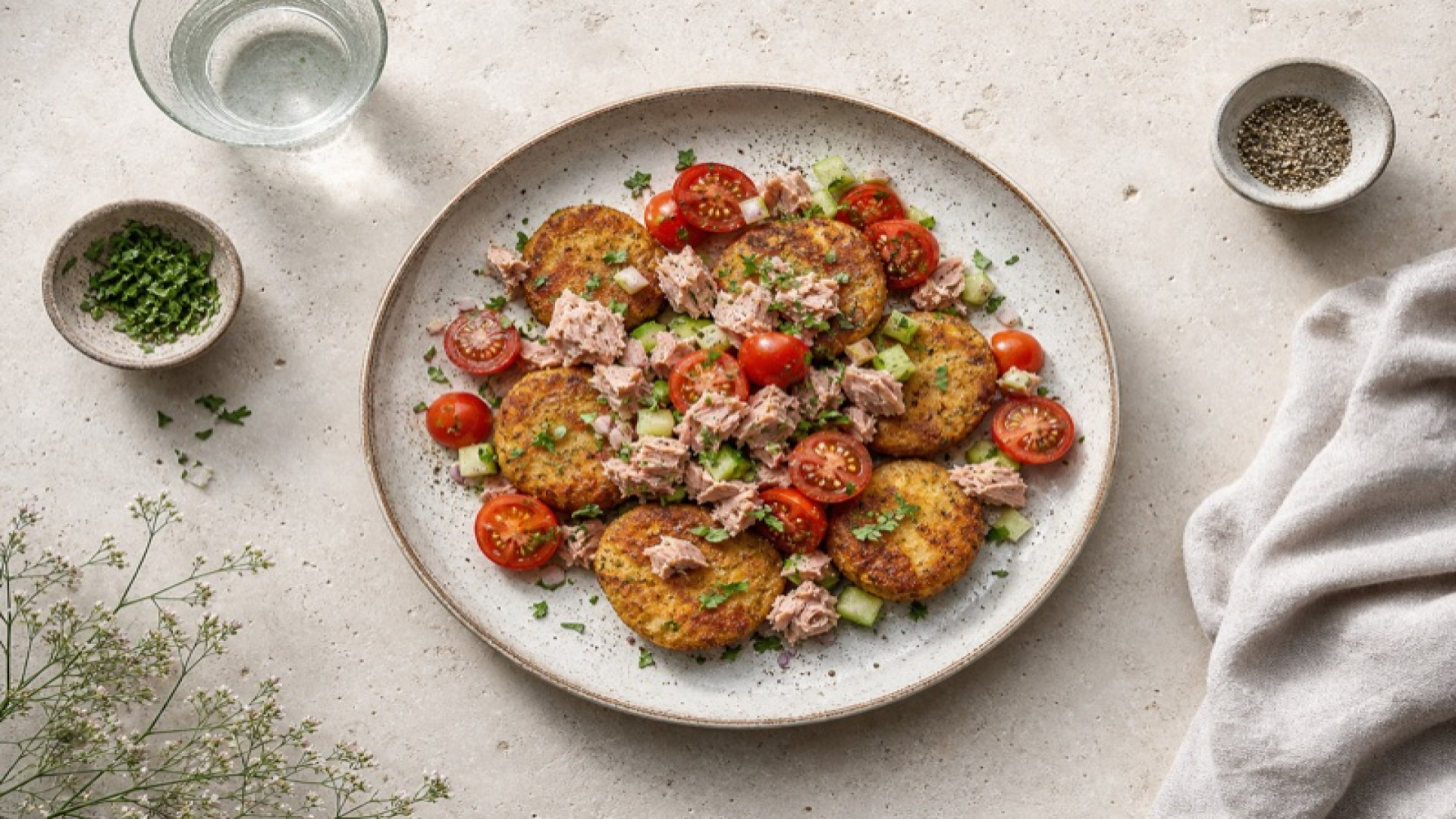 Knuspriger Kartoffel-Taler mit Thunfisch und Cocktailtomaten