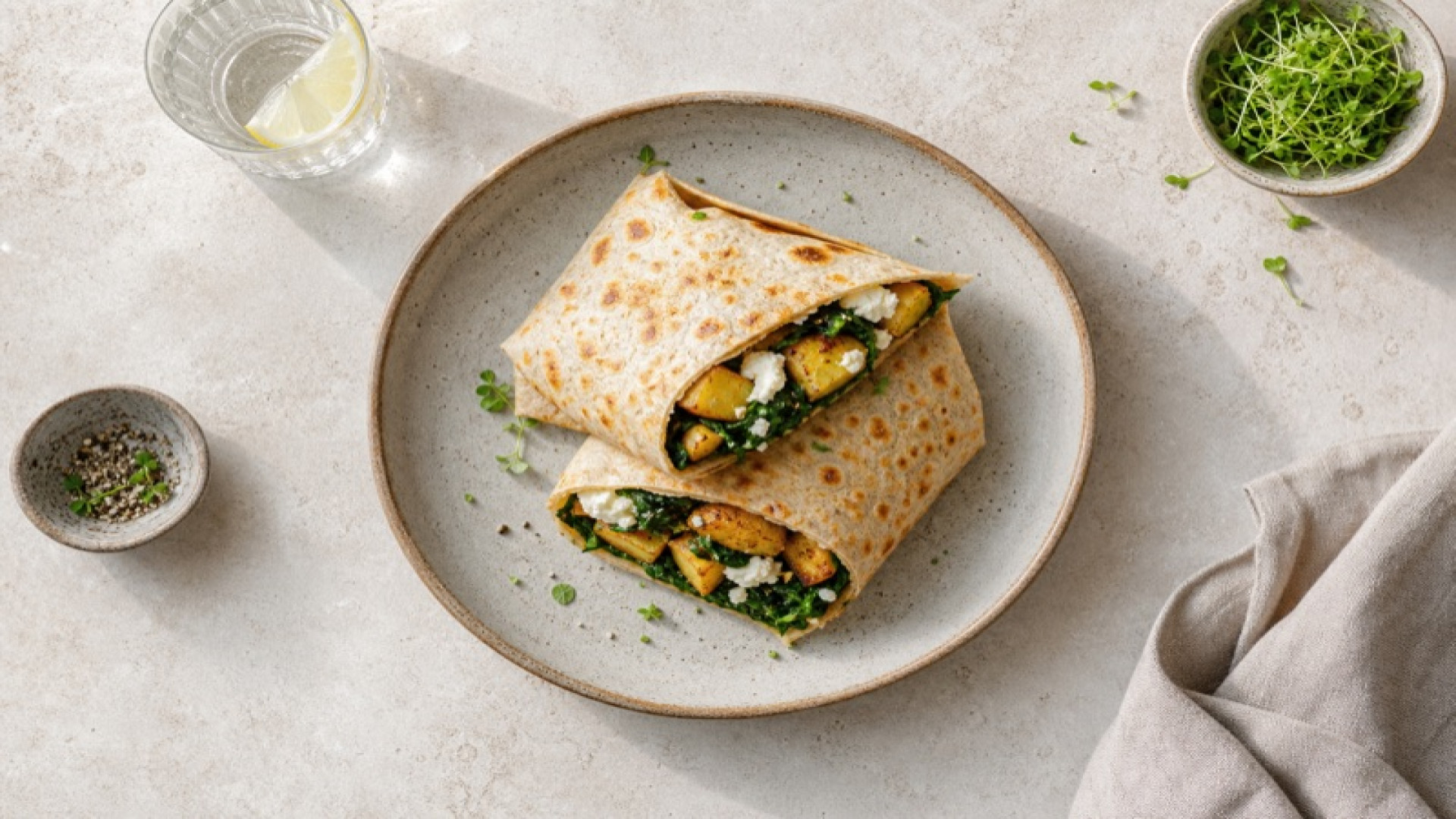 Knuspriger Kartoffel-Ziegenkäse-Wrap mit Spinat
