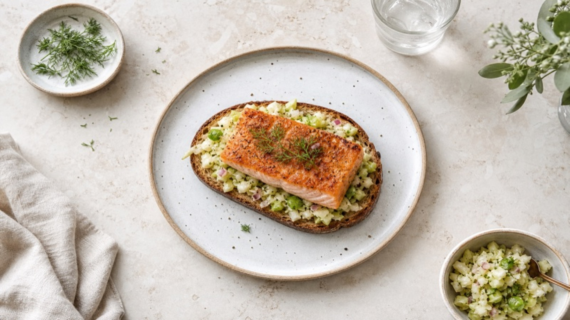Knuspriger Lachs auf geröstetem Dinkelbrot mit Sellerie-Relish
