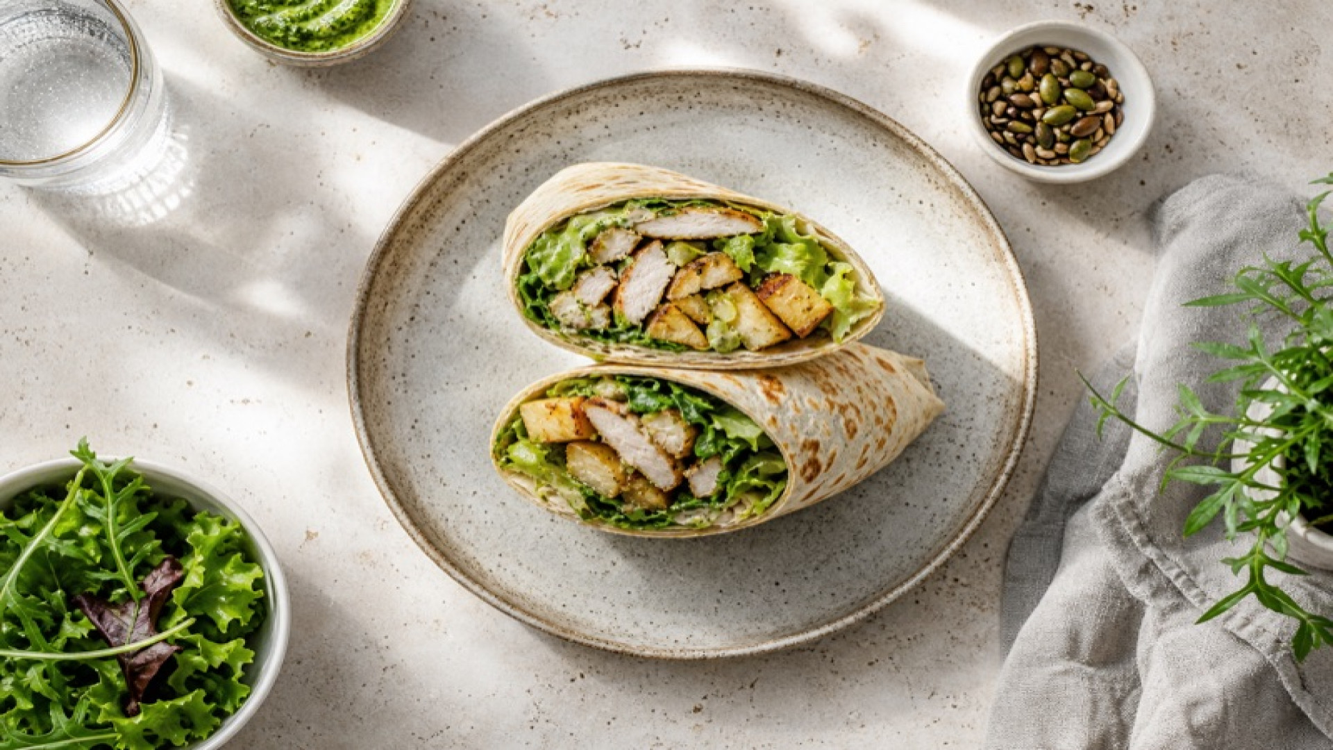 Knuspriger Puten-Kartoffel-Wrap mit grünem Gemüse