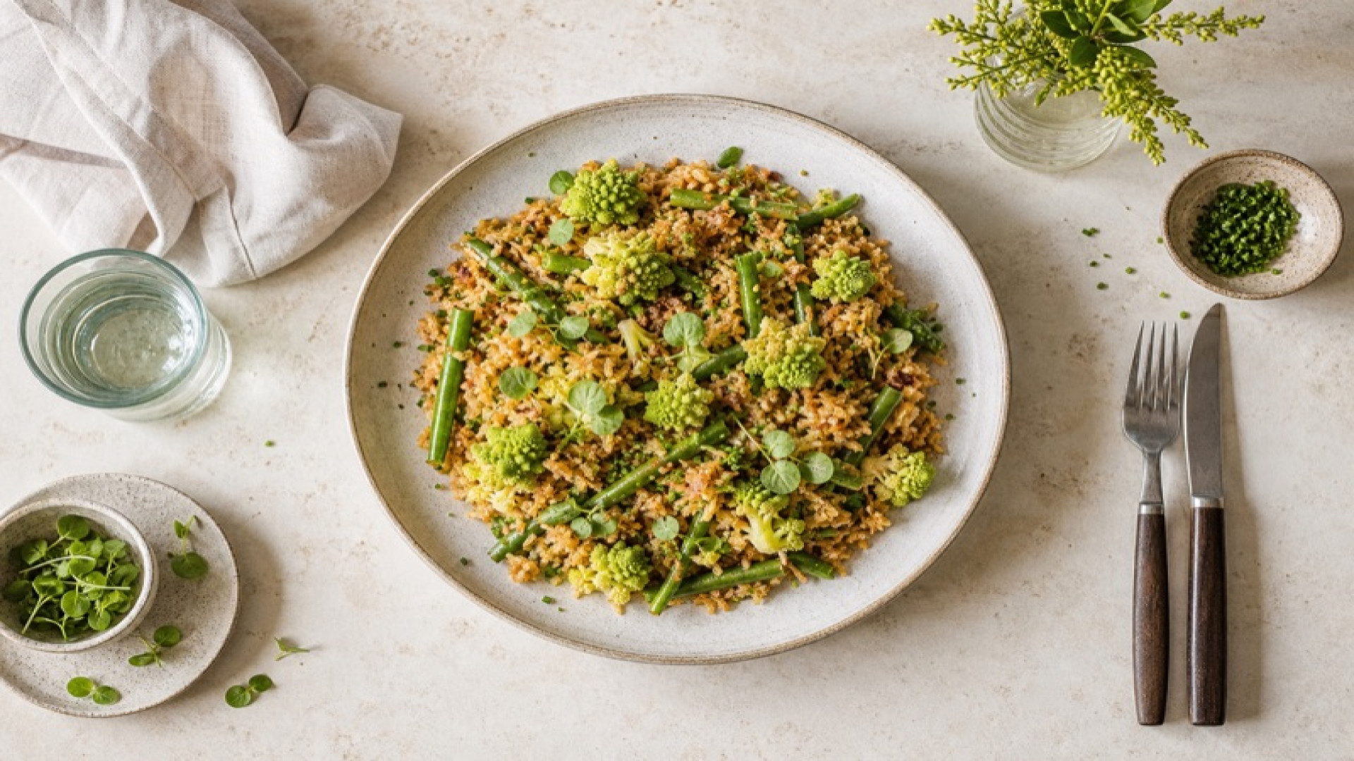 Knuspriger Reis mit grünen Bohnen und Romanesco