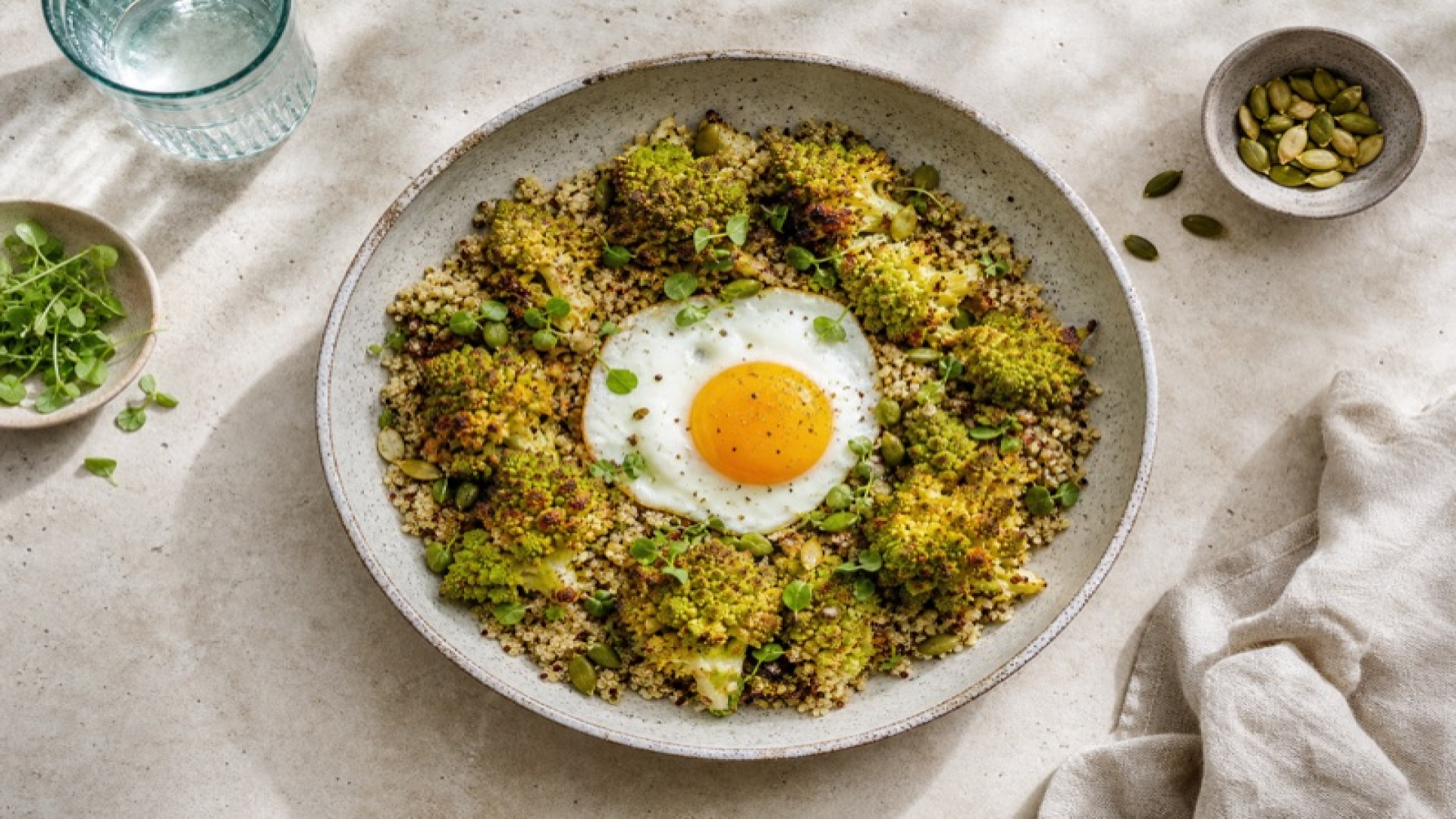 Knuspriger Romanesco-Ofen-Teller mit Ei und Quinoa