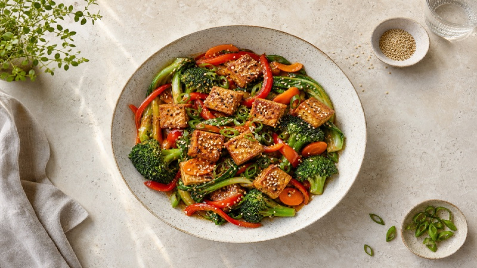 Knuspriger Sesam-Tofu mit asiatischem Gemüse