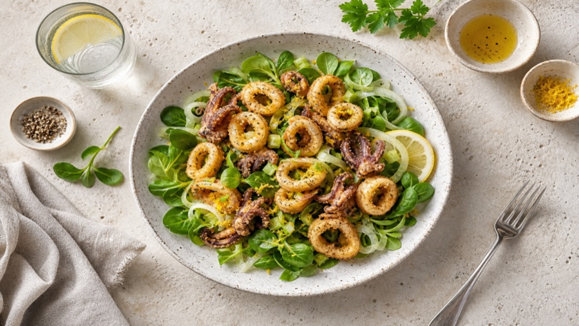 Knuspriger Tintenfisch-Salat mit Feldsalat und Zitrone