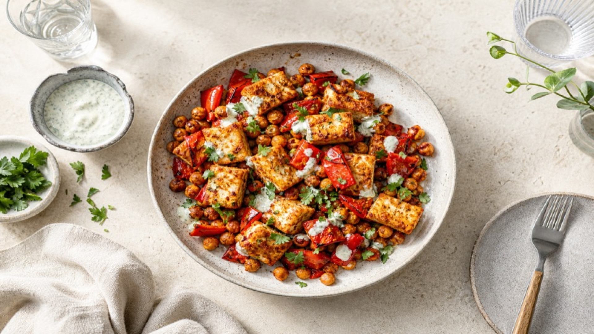Knuspriger Tofu mit Kichererbsen und gerösteter Paprika