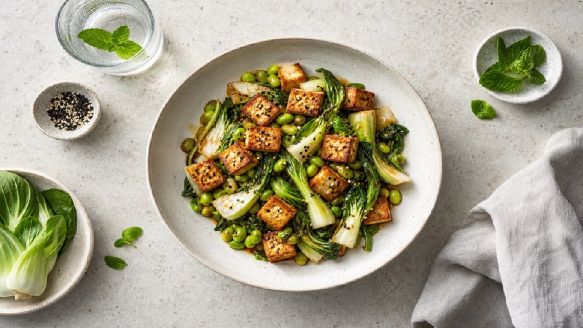 Knuspriger Tofu mit Pak-Choi und Edamame