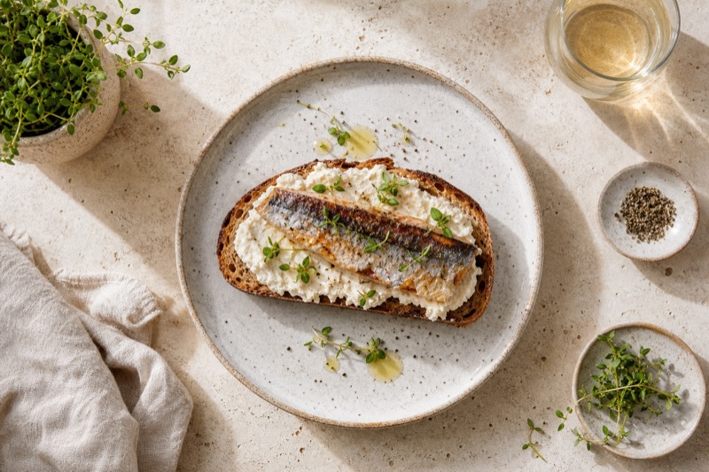Knuspriges Bauernbrot mit Meerrettich und Gegrillter Sardelle