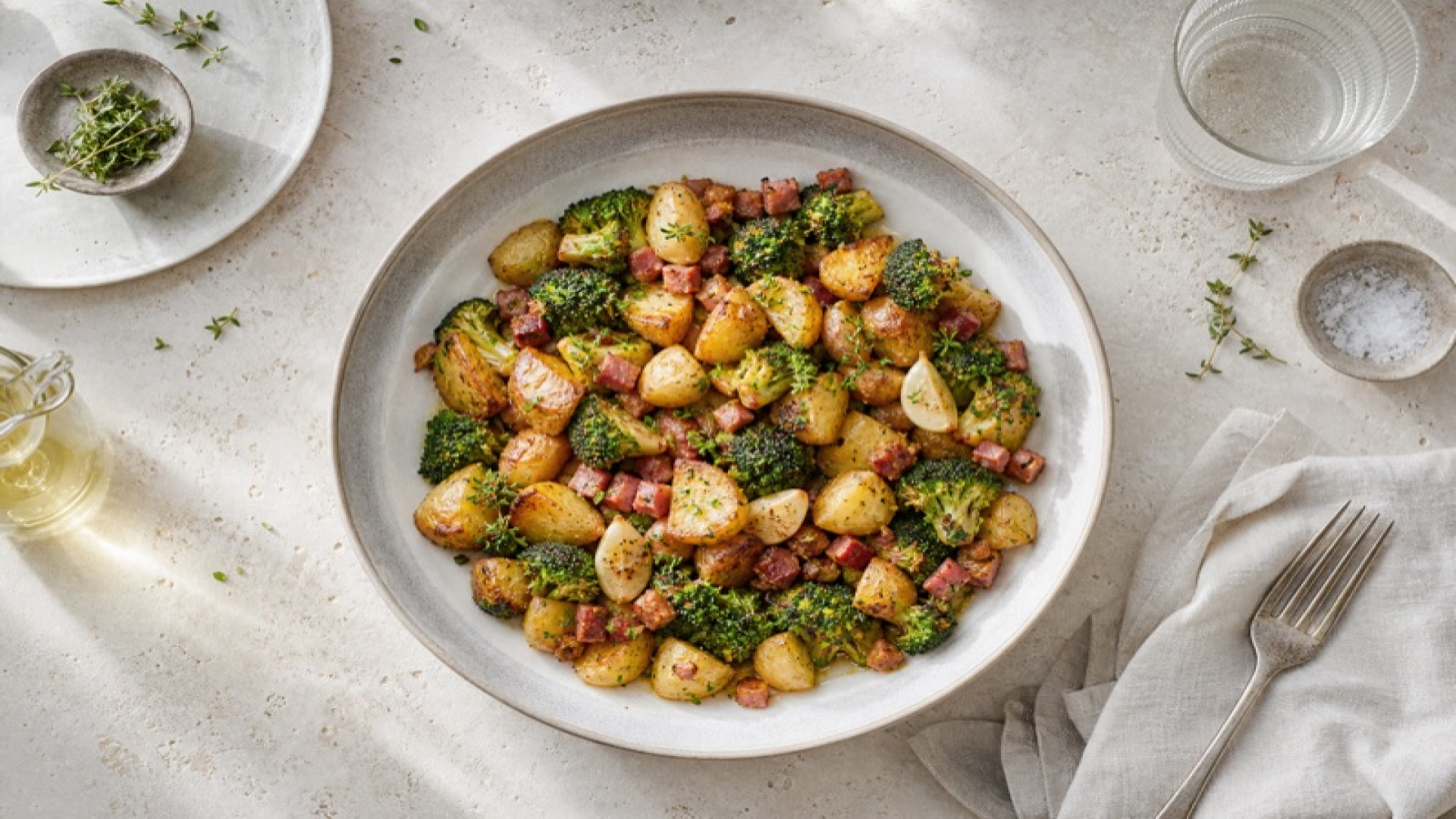 Knusprige Schinkenkartoffeln mit Brokkoli und Röstknoblauch