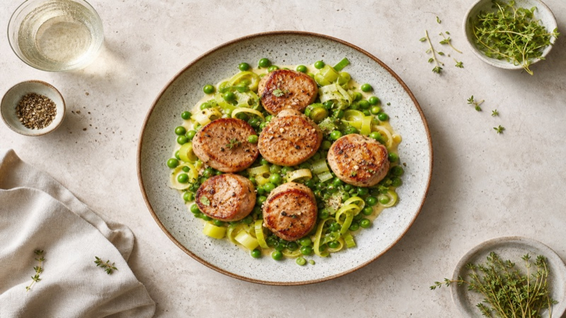 Knusprige Schweinefilet-Medaillons mit Erbsen und Porree