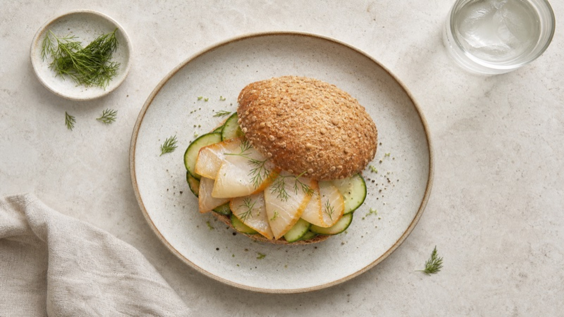 Knuspriges Dinkelbrötchen mit Räucherheilbutt und Gurke