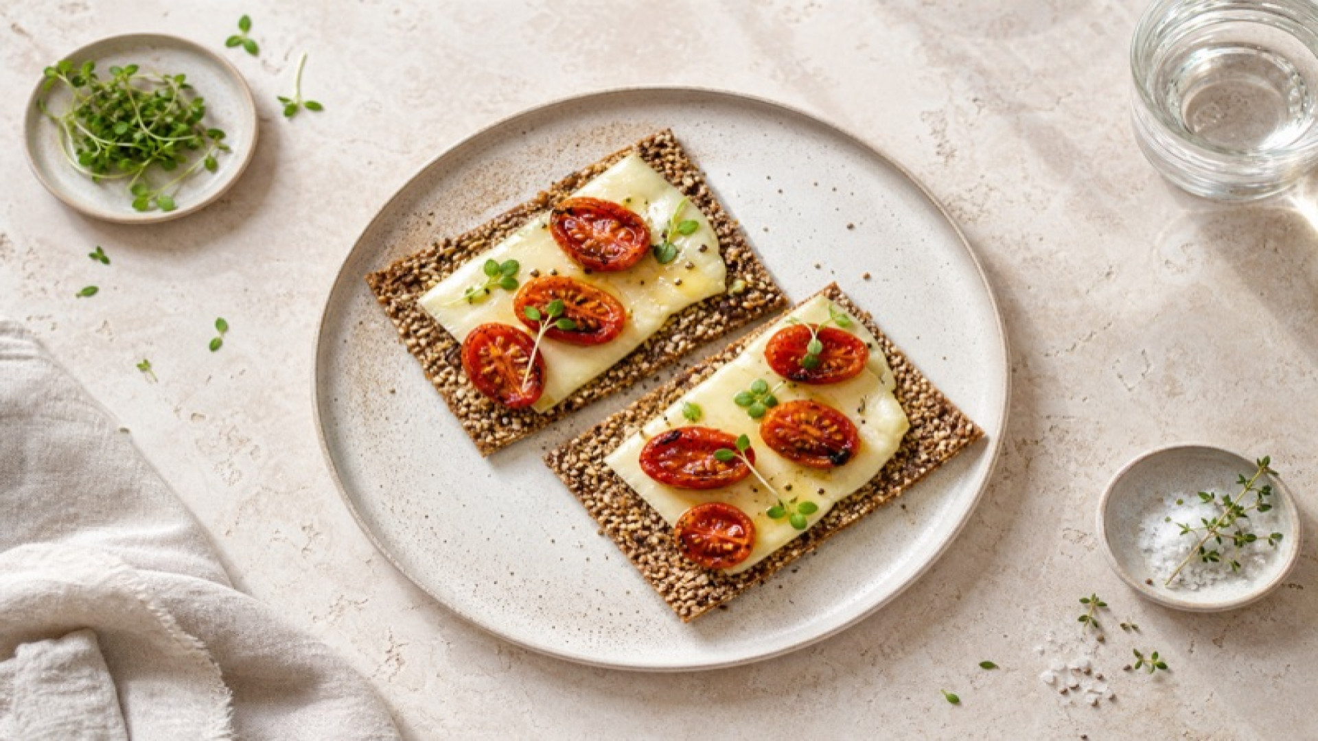 Knuspriges Dinkelvollkorn-Knäckebrot mit Fontina und Datteltomaten