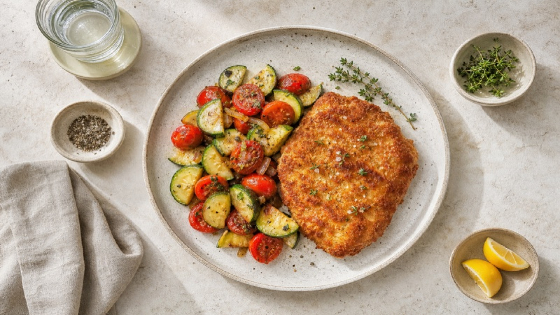 Knuspriges Kalbsschnitzel mit Zucchini-Tomaten-Pfanne