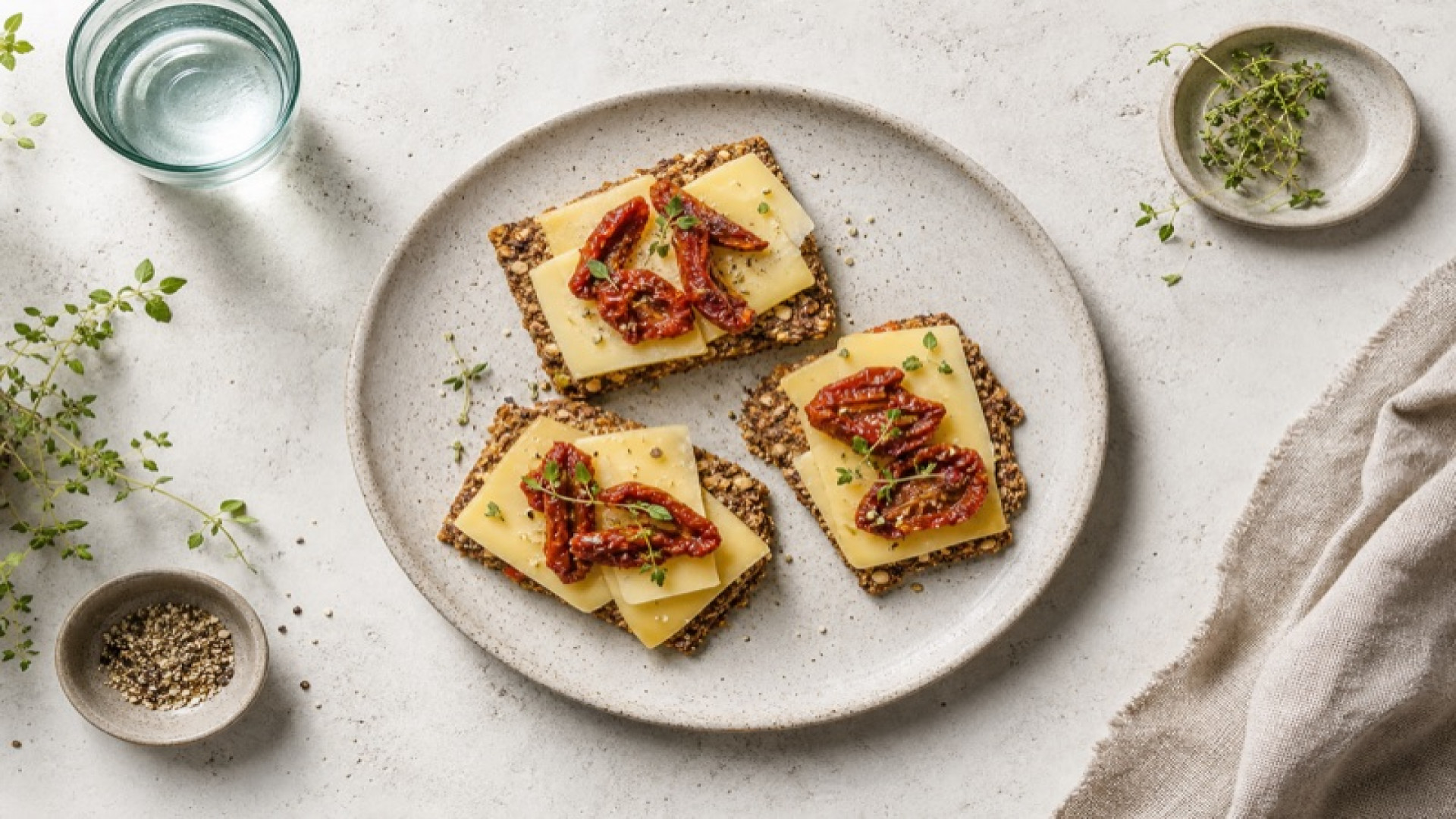 Knuspriges Mehrkornknäckebrot mit Schnittkäse und getrockneten Tomaten