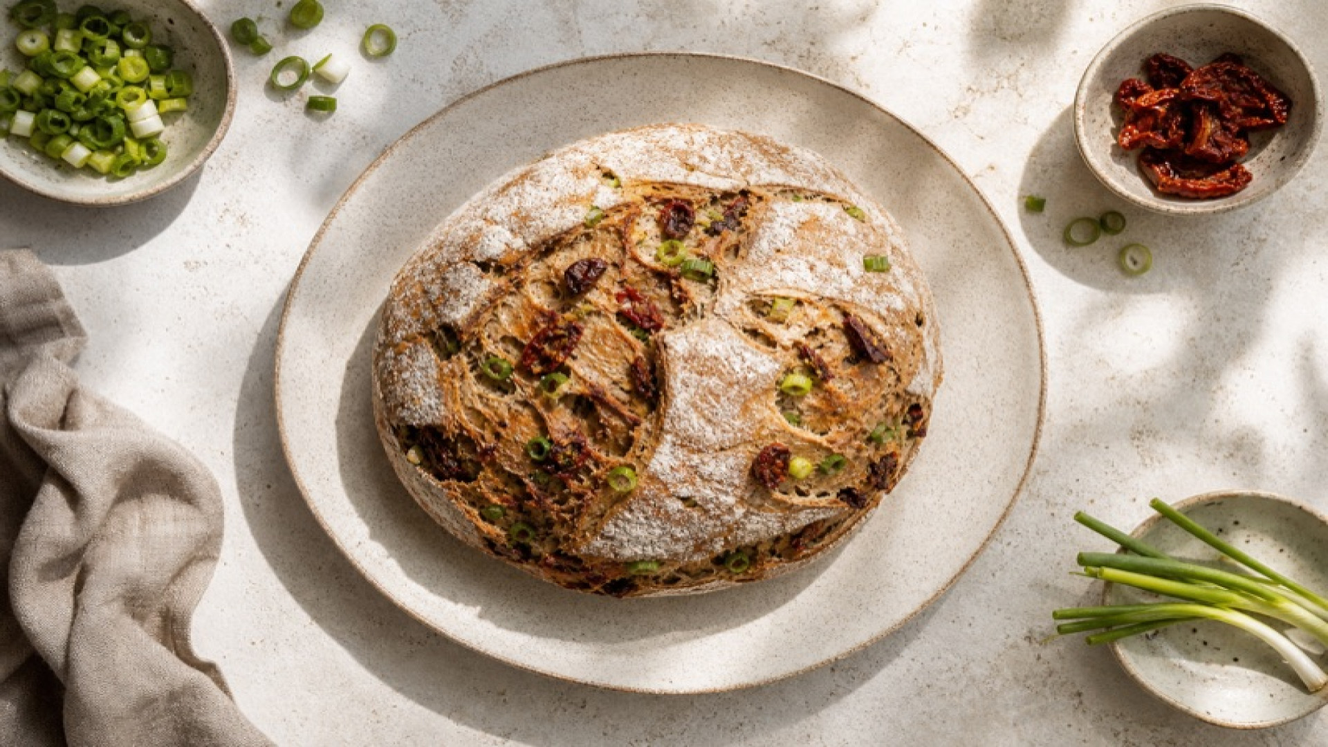 Knuspriges Roggenbrot mit getrockneten Tomaten und Frühlingszwiebeln
