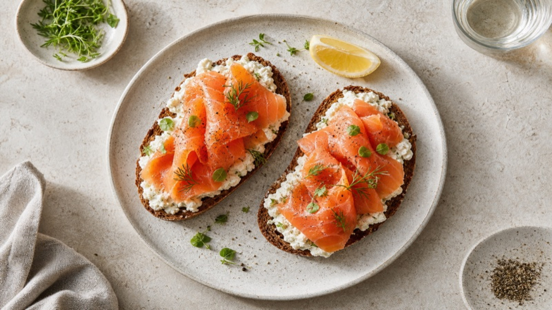 Knuspriges Roggenbrot mit körnigem Frischkäse und Lachsschinken