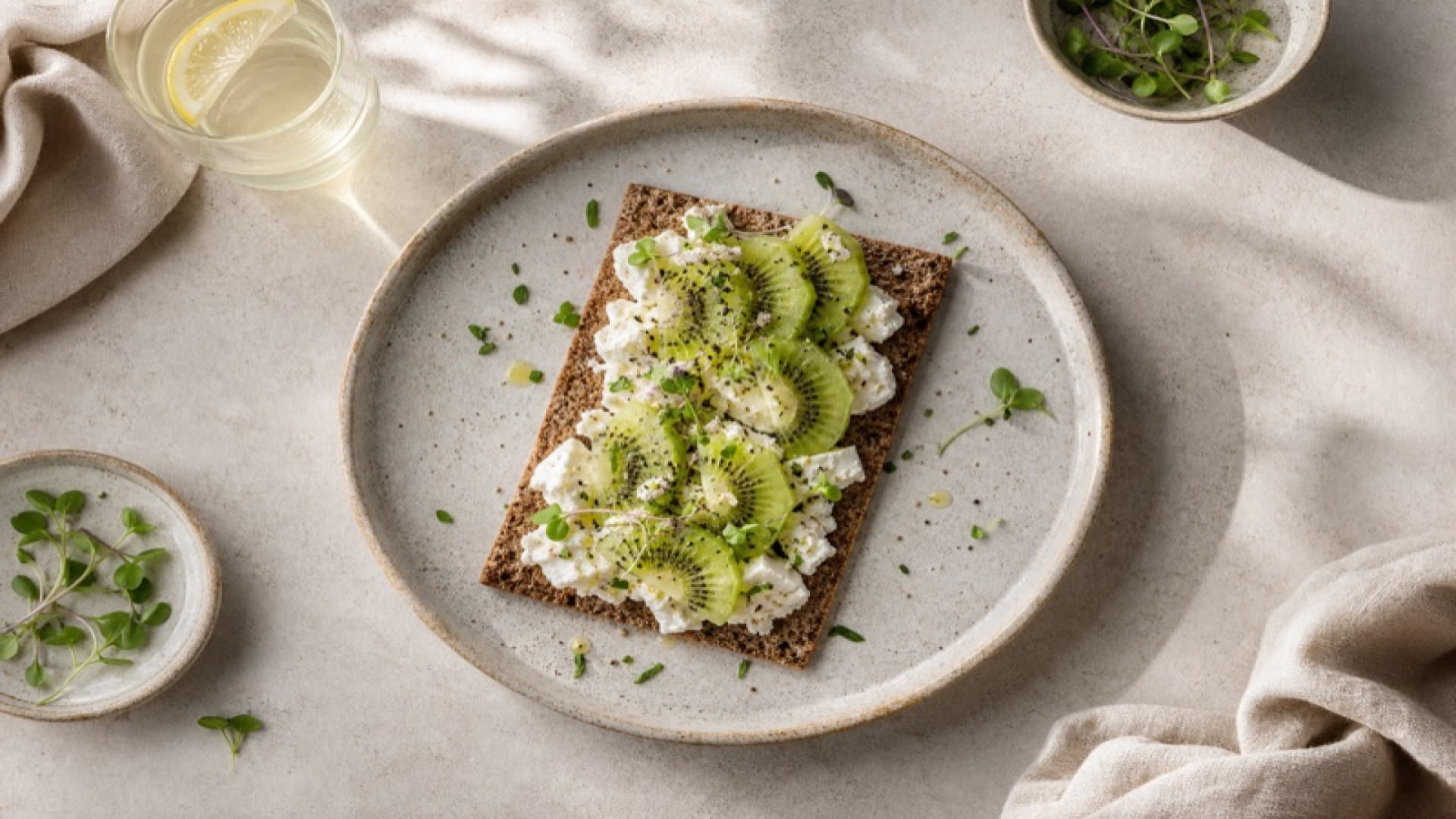 Knuspriges Roggenknäckebrot mit Schafskäse und Kiwi