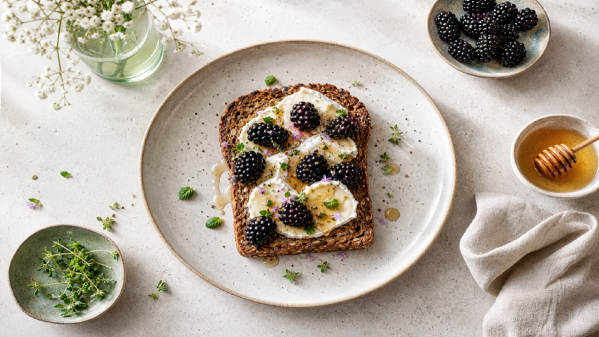 Knuspriges Roggenvollkornbrot mit Ziegenweichkäse und Brombeeren