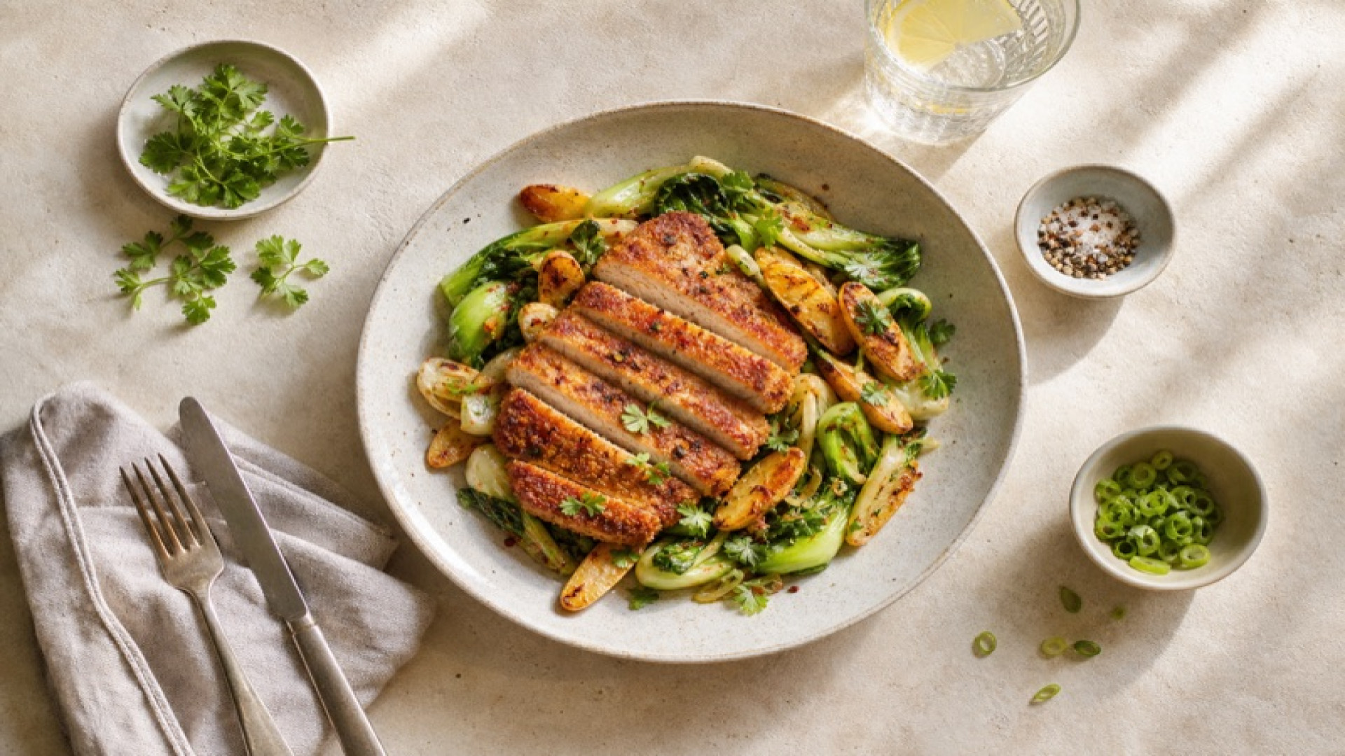 Knuspriges Schweinekotelett mit Pak-Choi-Kartoffel-Wok