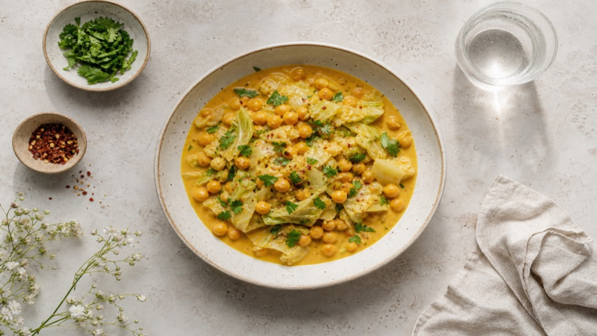 Kokos-Curry mit Kichererbsen und gedünstetem Chinakohl
