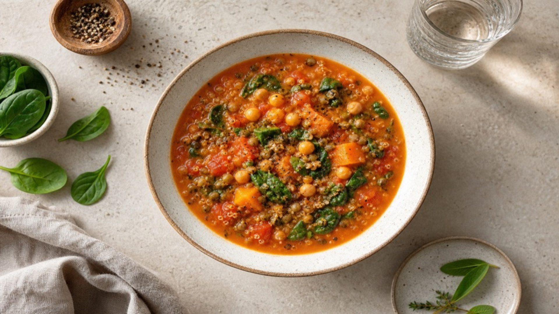 Kürbissuppe mit Quinoa und Spinat