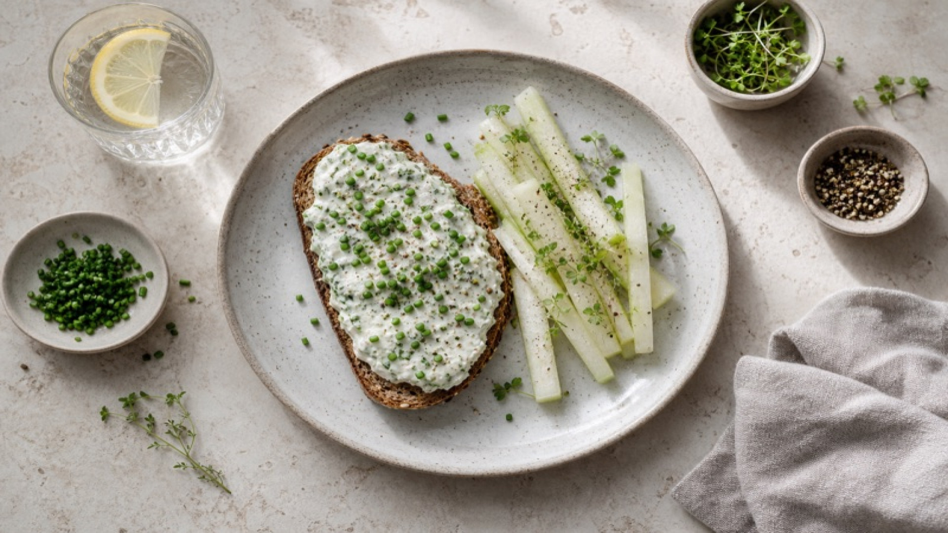 Kräuterquark-Vollkornbrot mit Kohlrabi-Sticks