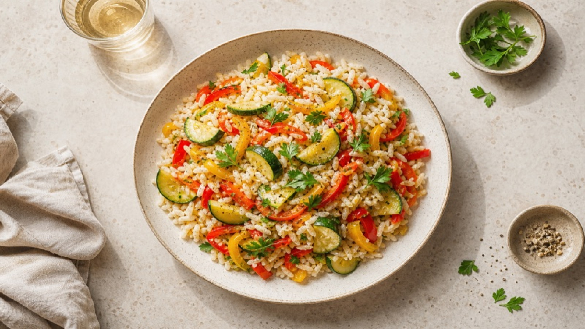 Langkornreis-Pfanne mit Zucchini und Paprika