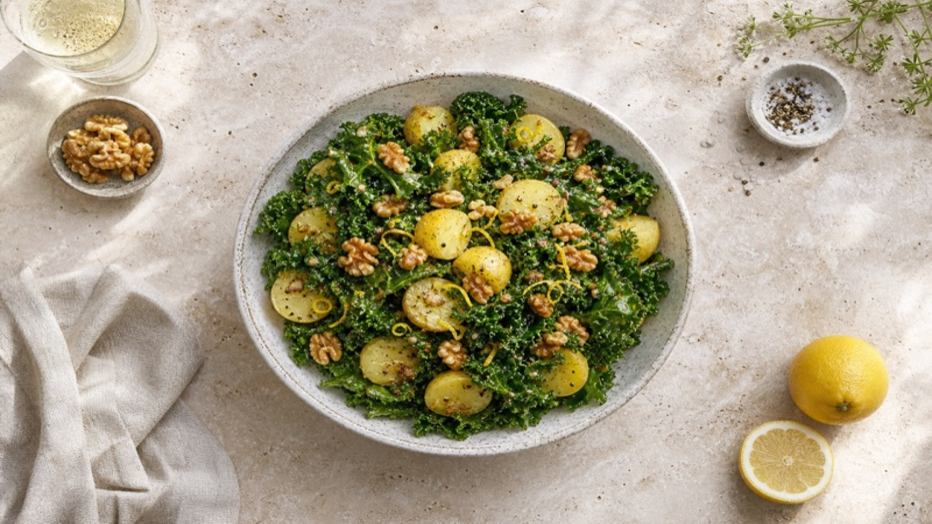 Lauwarmer Kartoffelsalat mit Grünkohl und Walnuss-Zitronen-Dressing